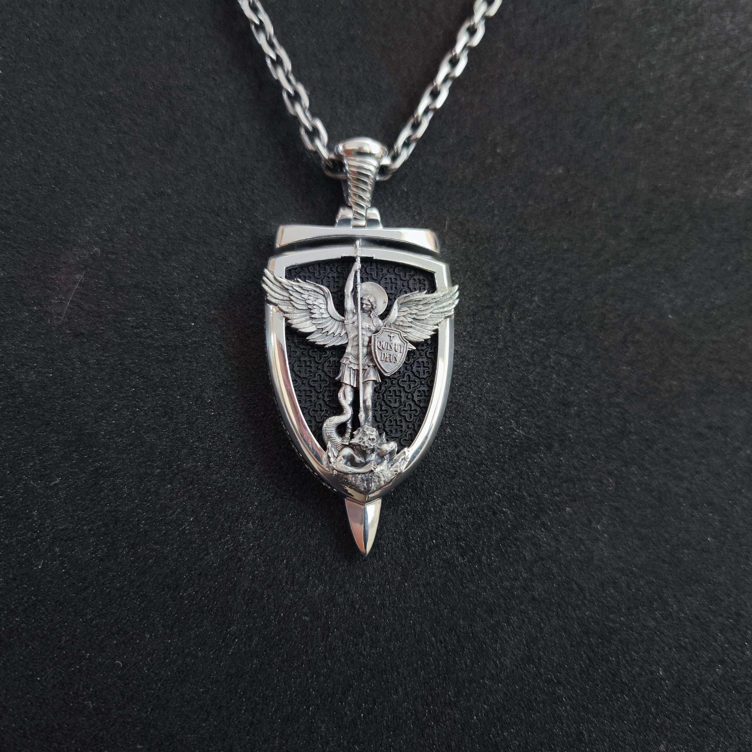 Personalized Sterling Silver Archangel Michael Shield Necklace - Ebony Wood Pendant