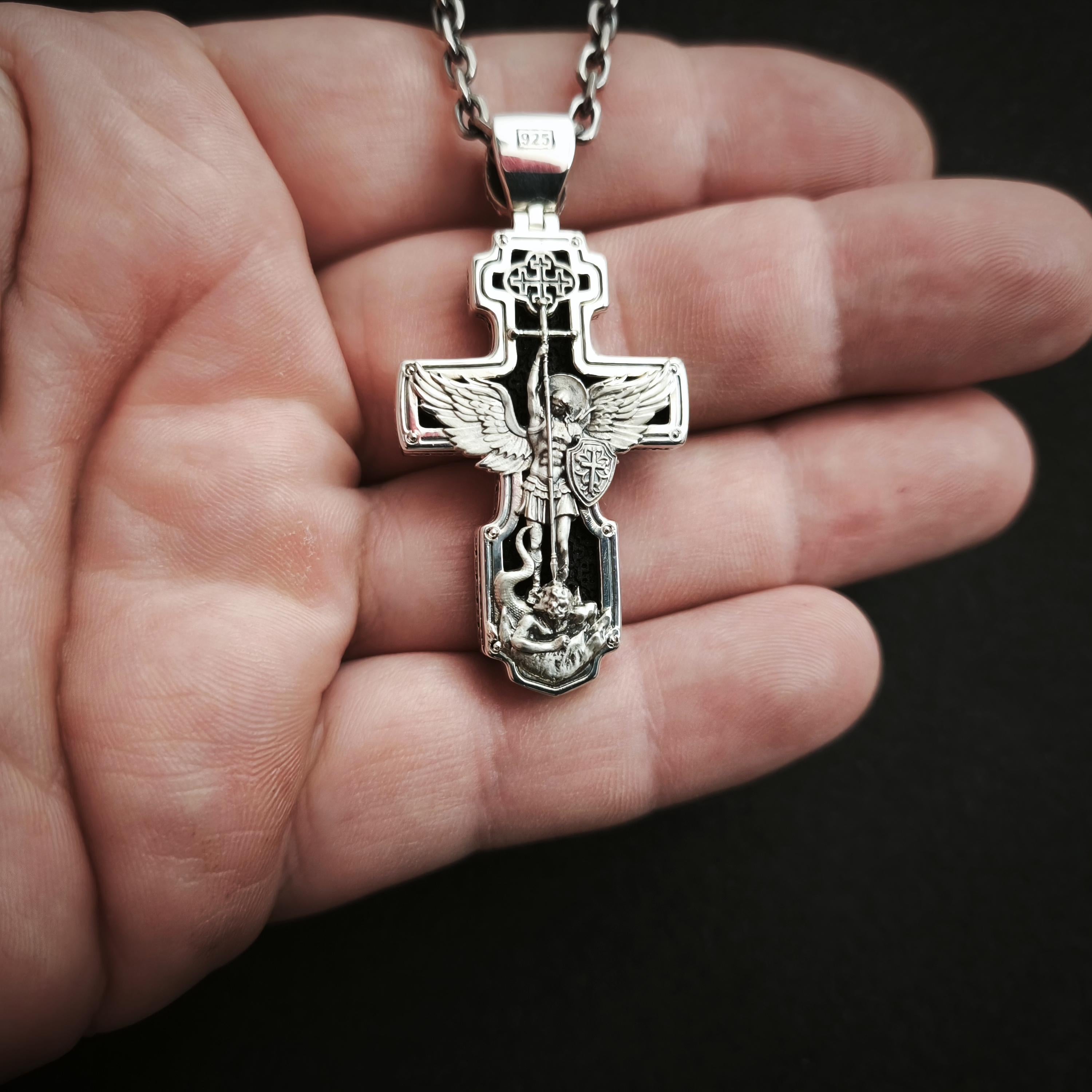 Personalized Saint Benedict Crucifix Necklace Archangel Saint Michael : Sterling Silver & Ebony Wood