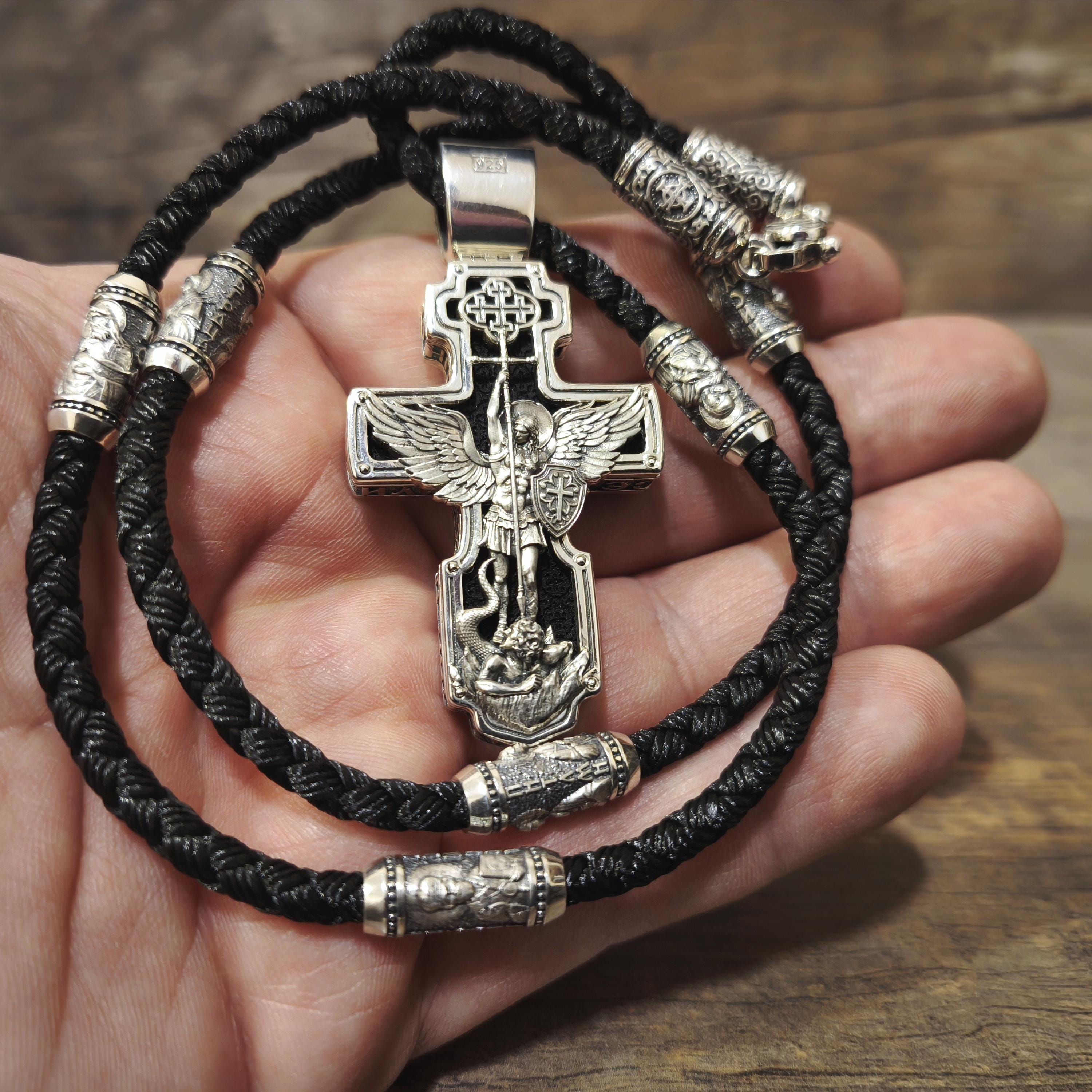 Sterling Silver Orthodox Crucifix Necklace: Jesus Cross Pendant, Ebony Wood