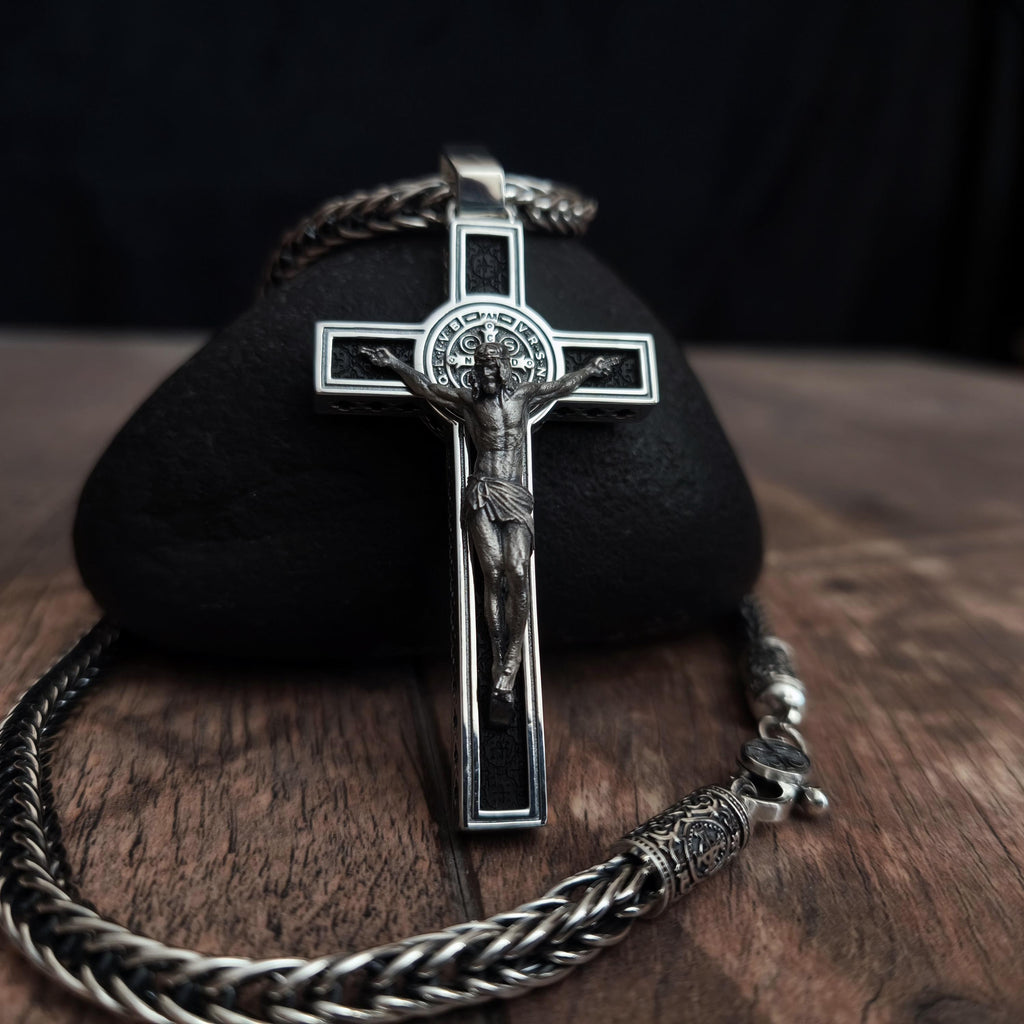 Personalized Saint Benedict Crucifix Necklace: Sterling Silver & Ebony Wood
