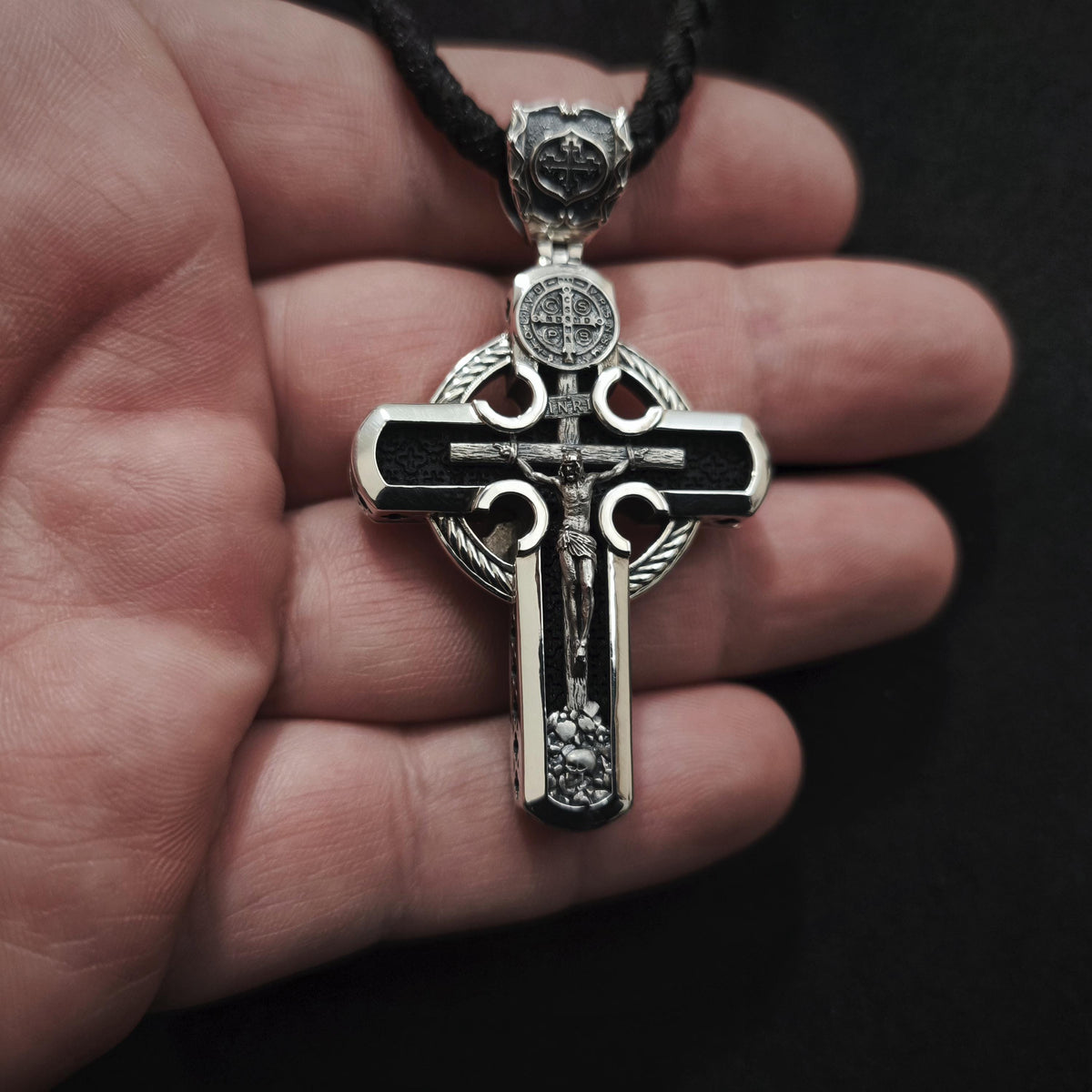 Personalized Jesus Cross Saint Benedict Crucifix Necklace Archangel Saint Michael : Sterling Silver & Ebony Wood