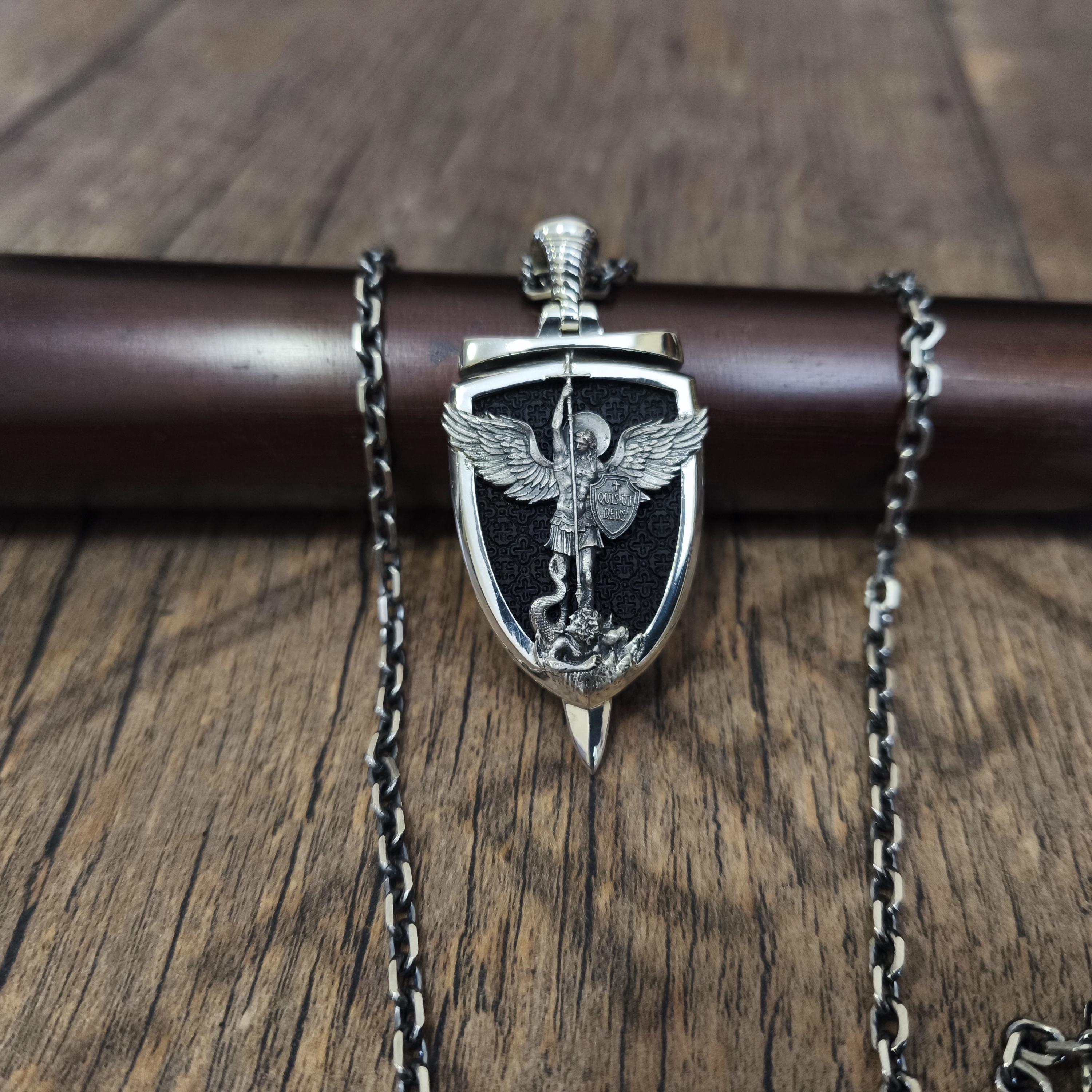 Personalized Sterling Silver Archangel Michael Shield Necklace - Ebony Wood Pendant
