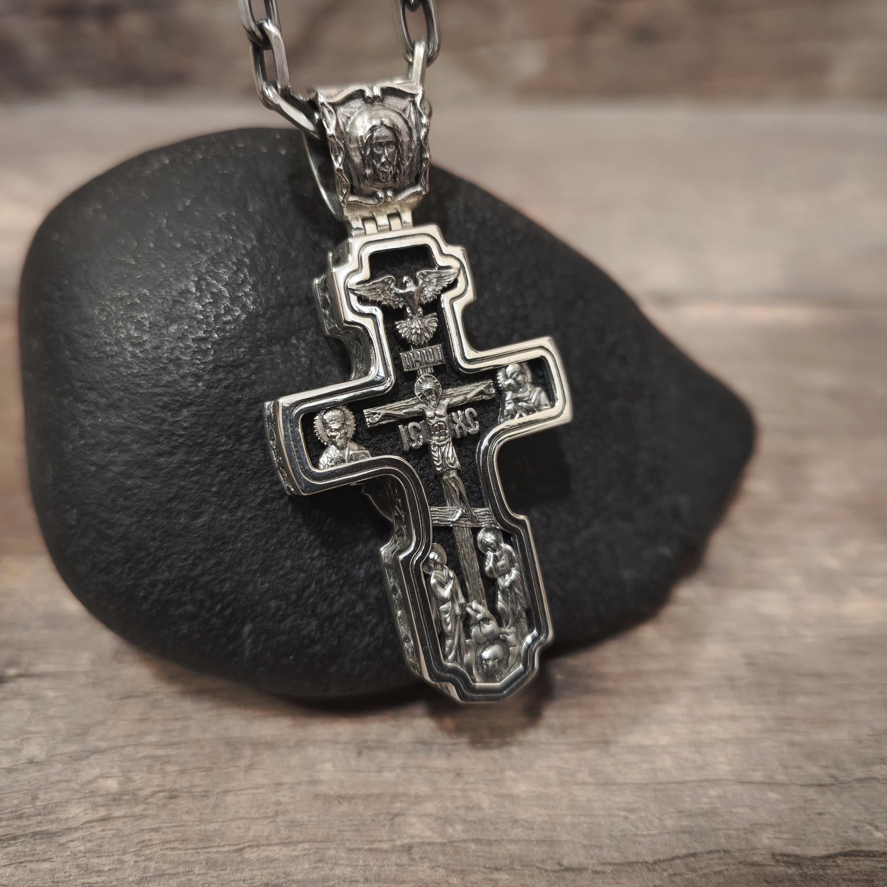 Sterling Silver Orthodox Crucifix Necklace Archangel Saint Michael & Ebony Wood - Religious Pendant