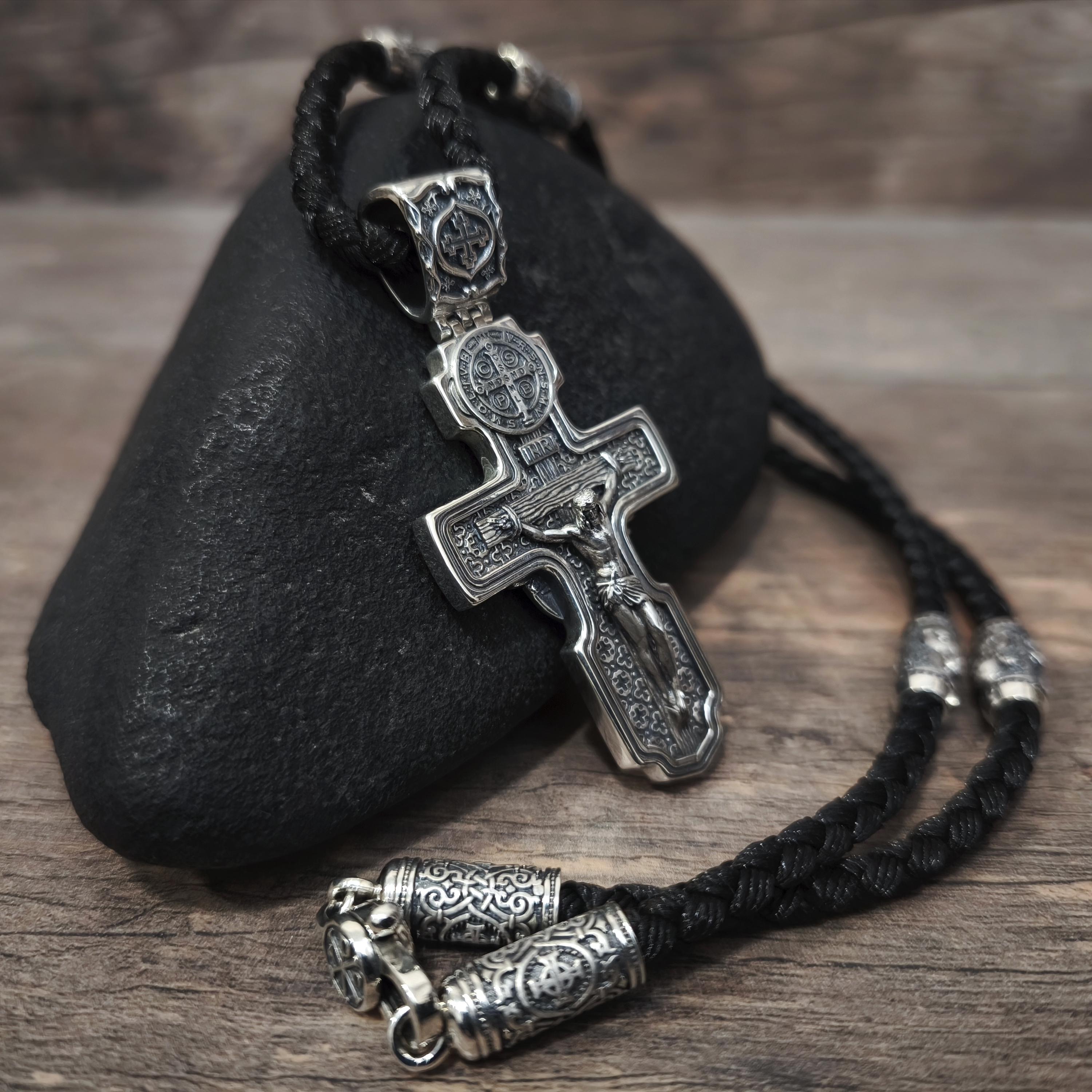 Personalized Jesus Cross Saint Benedict Crucifix Necklace Archangel Saint Michael : Sterling Silver