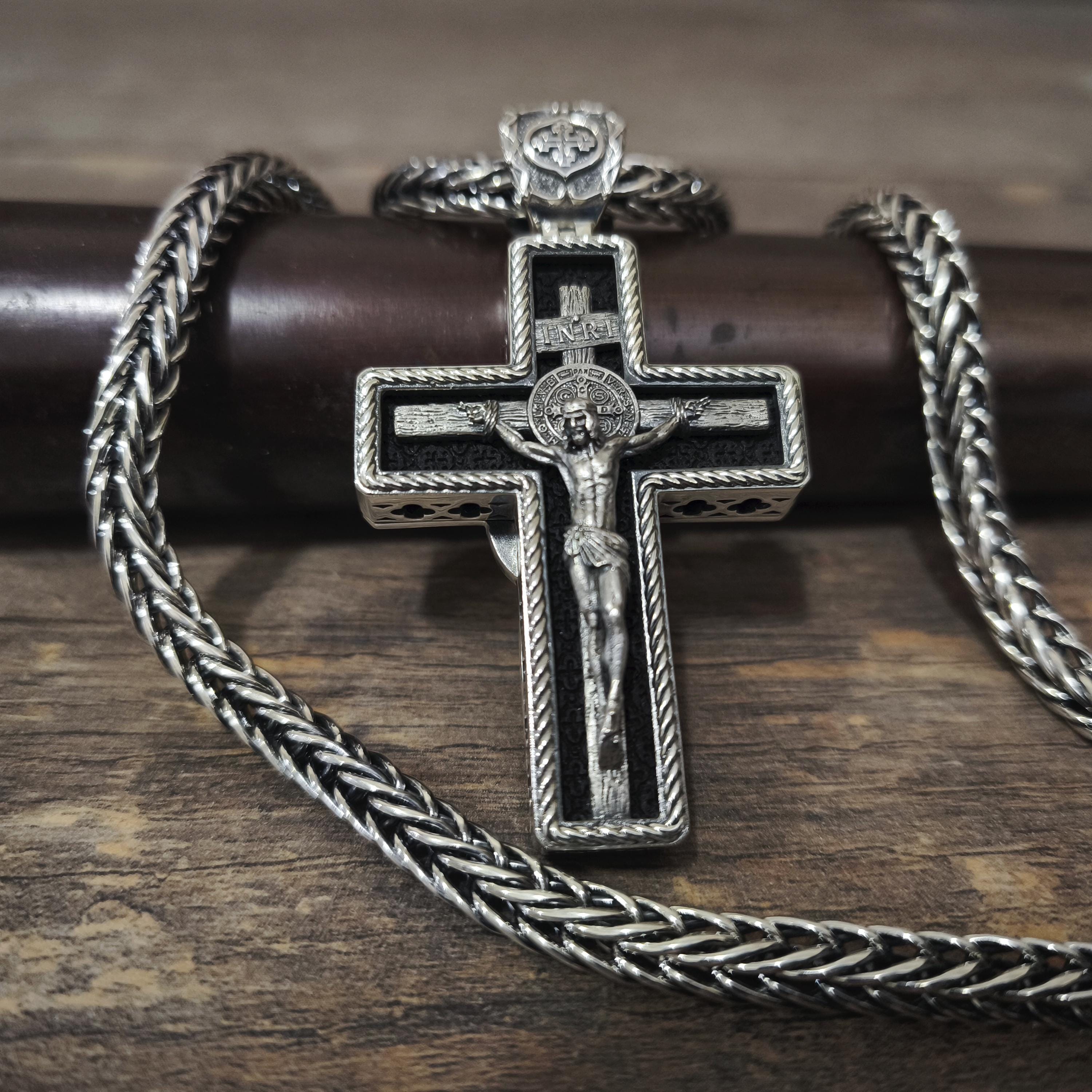 Personalized Saint Benedict Crucifix Necklace Archangel Saint Michael : Sterling Silver & Ebony Wood