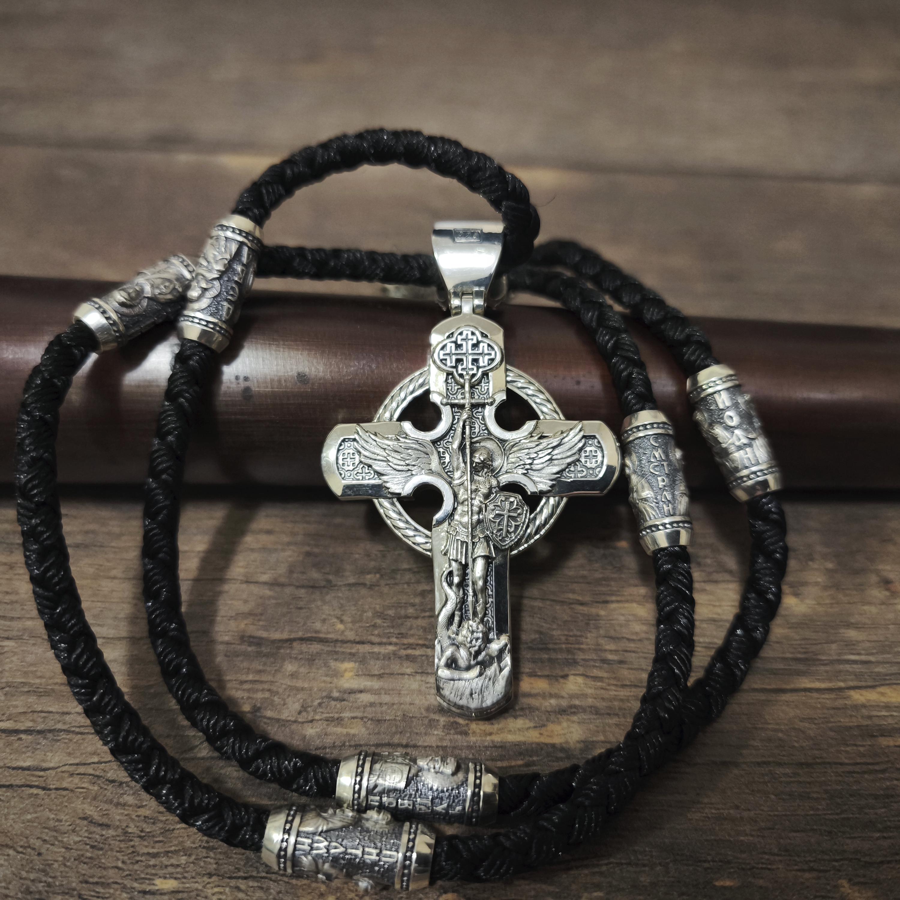 Sterling Silver Orthodox Crucifix Jesus Cross Necklace Archangel Saint Michael : Religious Pendant