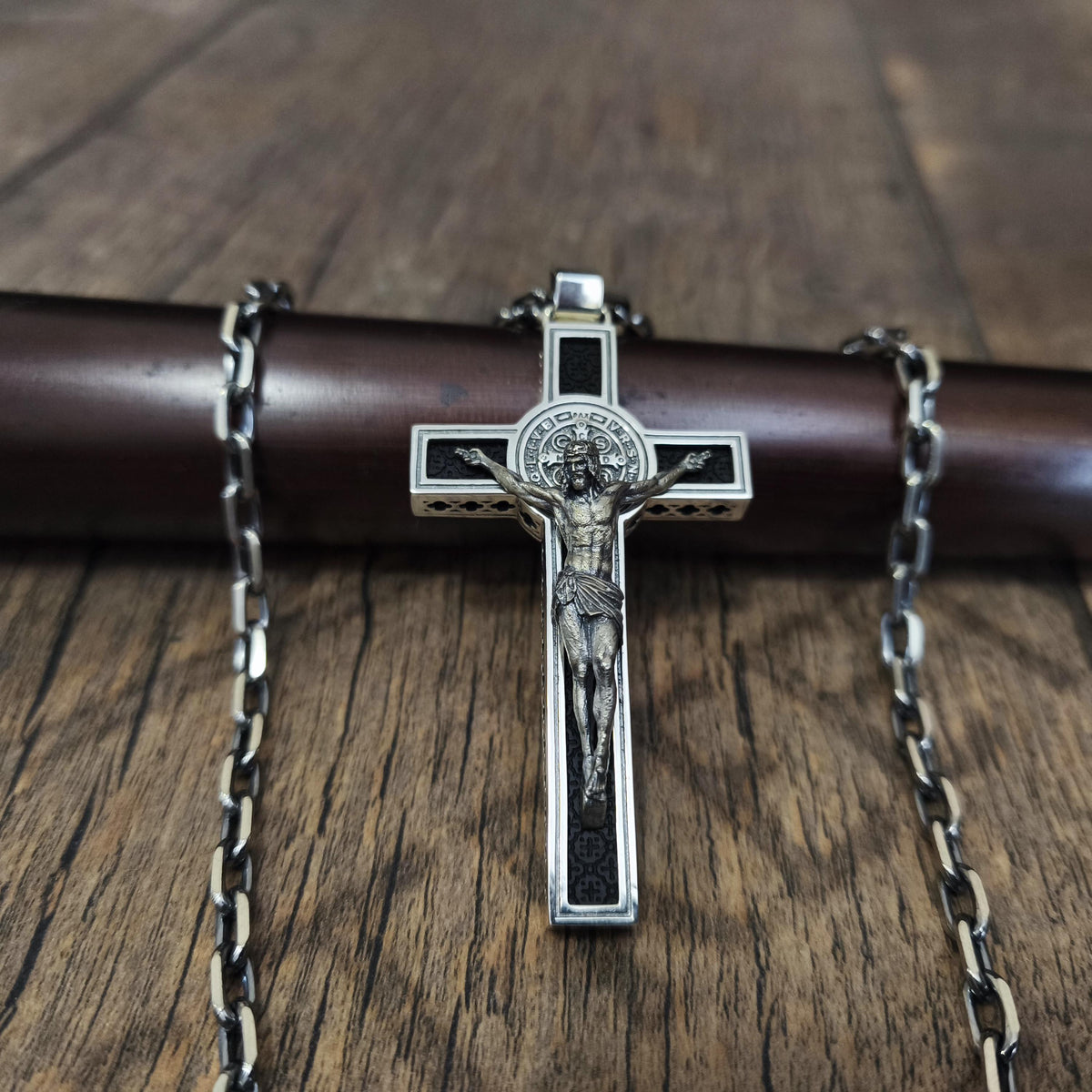 Personalized Saint Benedict Crucifix Necklace: Sterling Silver & Ebony Wood