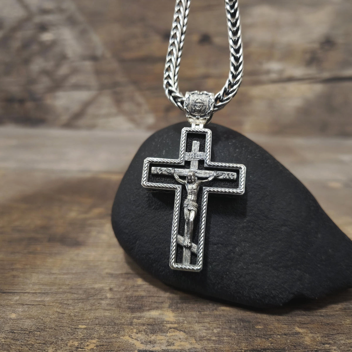Sterling Silver Orthodox Cross Necklace - Archangel Michael, Ebony Wood