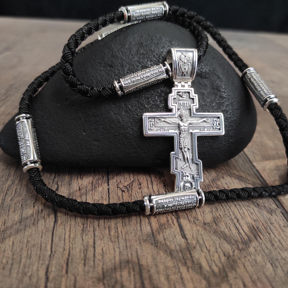 Sterling Silver Orthodox Crucifix Necklace: Psalm 90 Text
