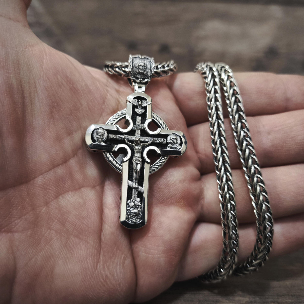 Sterling Silver Orthodox Cross Necklace - Archangel Michael, Ebony Wood