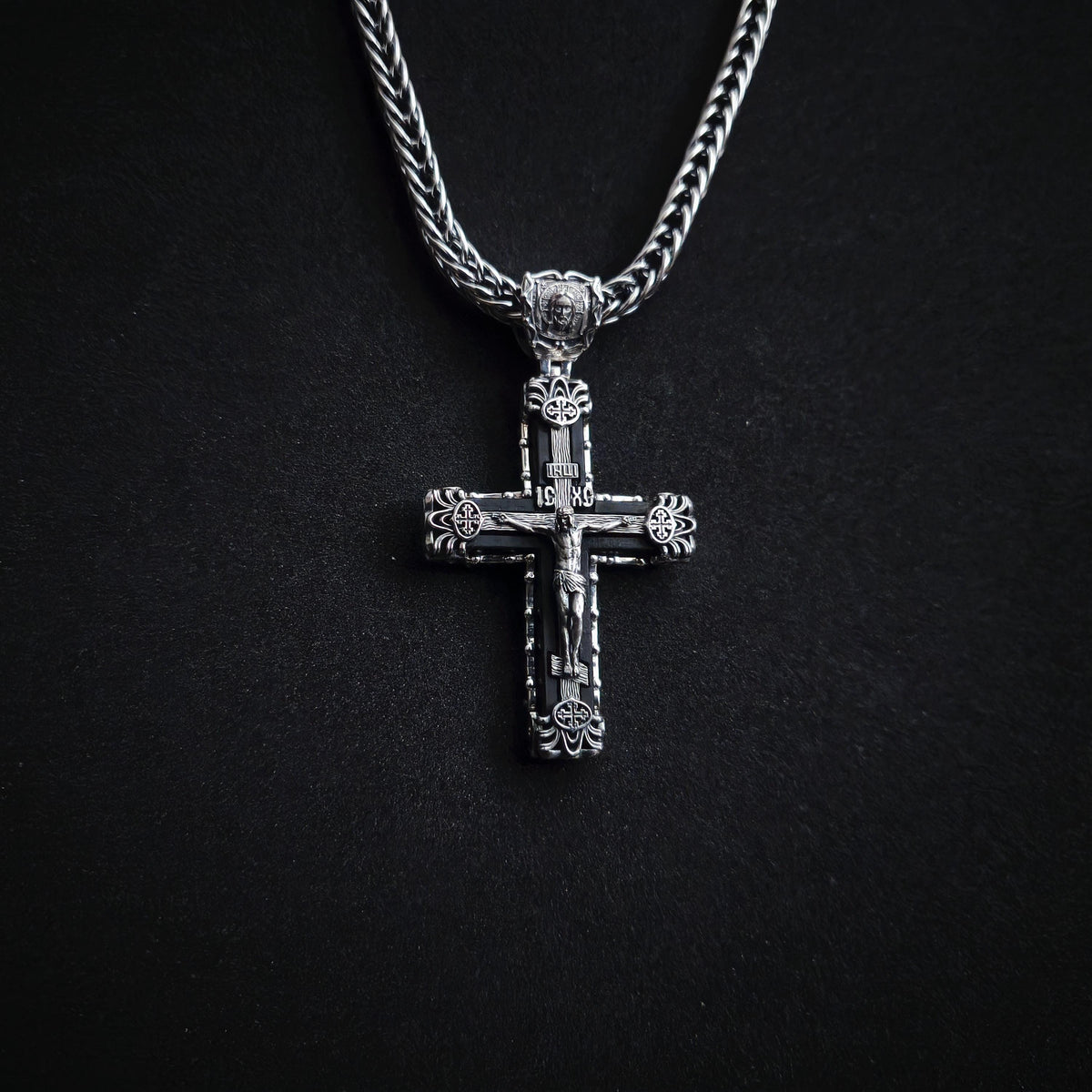 Sterling Silver Orthodox Crucifix Necklace & Ebony Wood - Religious Pendant