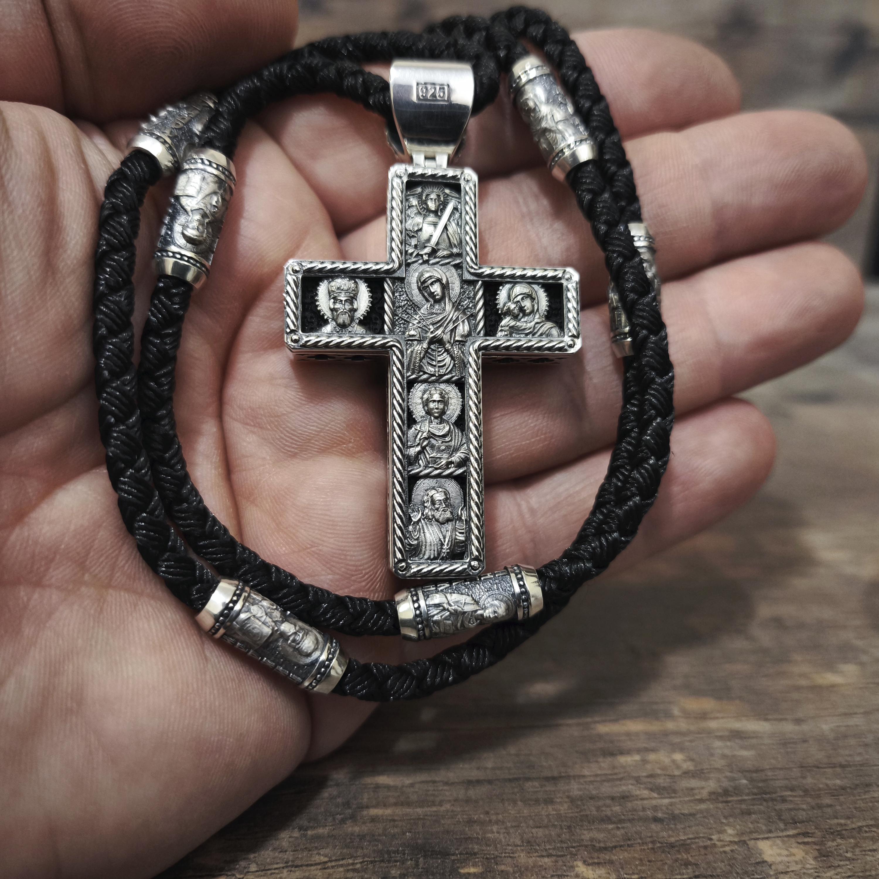 Sterling Silver Orthodox Crucifix Necklace: Jesus Cross Pendant, Ebony Wood