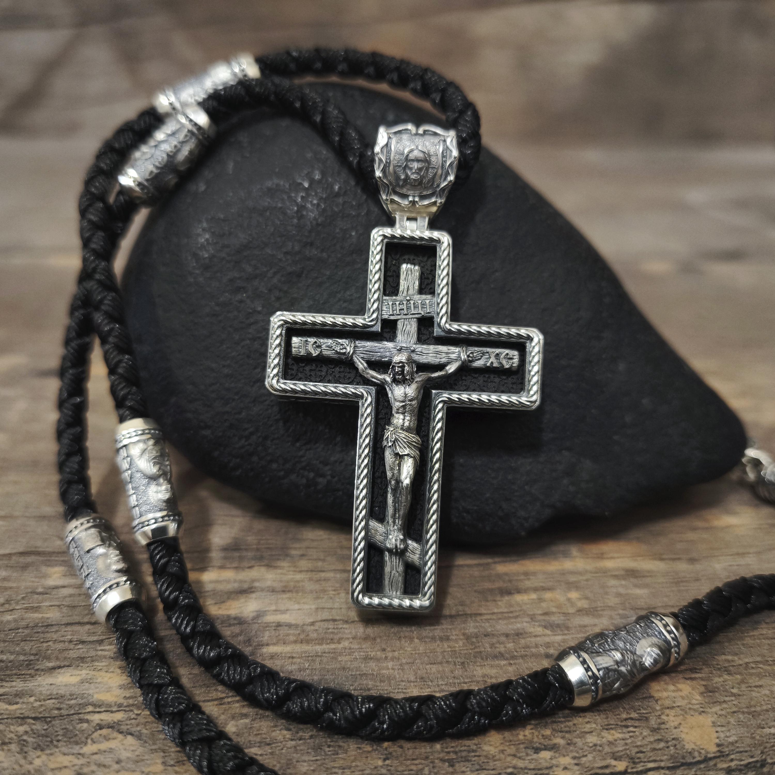 Sterling Silver Orthodox Crucifix Necklace: Jesus Cross Pendant, Ebony Wood