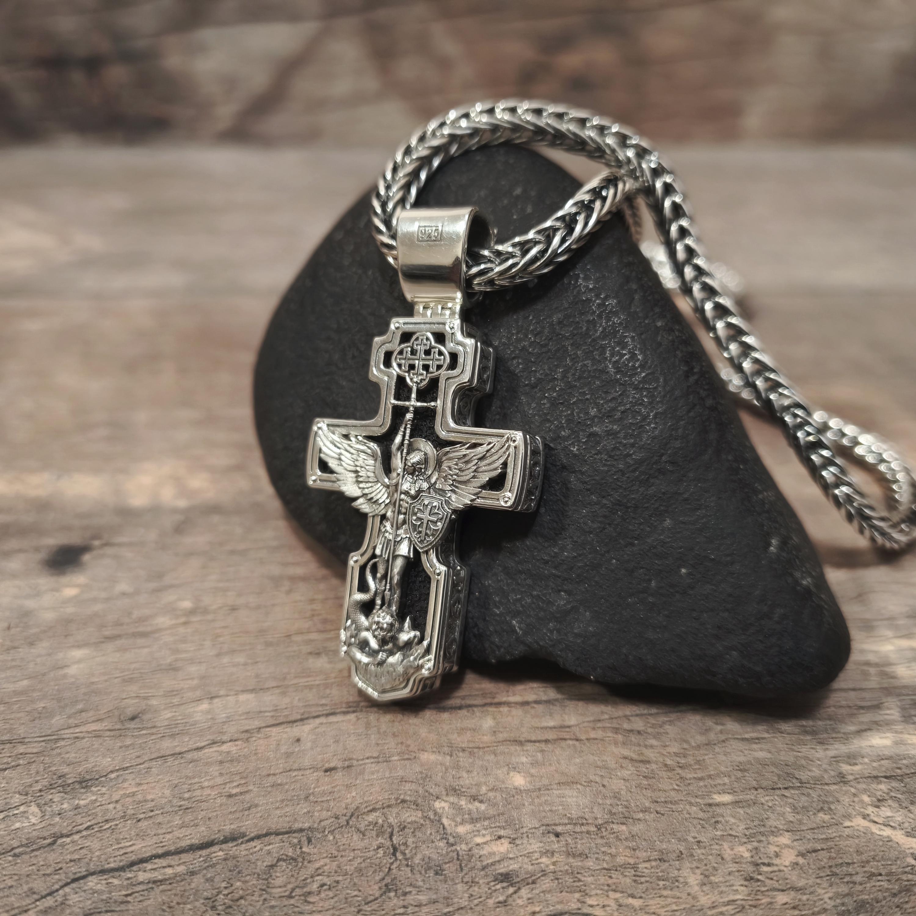 Sterling Silver Orthodox Cross Necklace - Archangel Michael, Ebony Wood