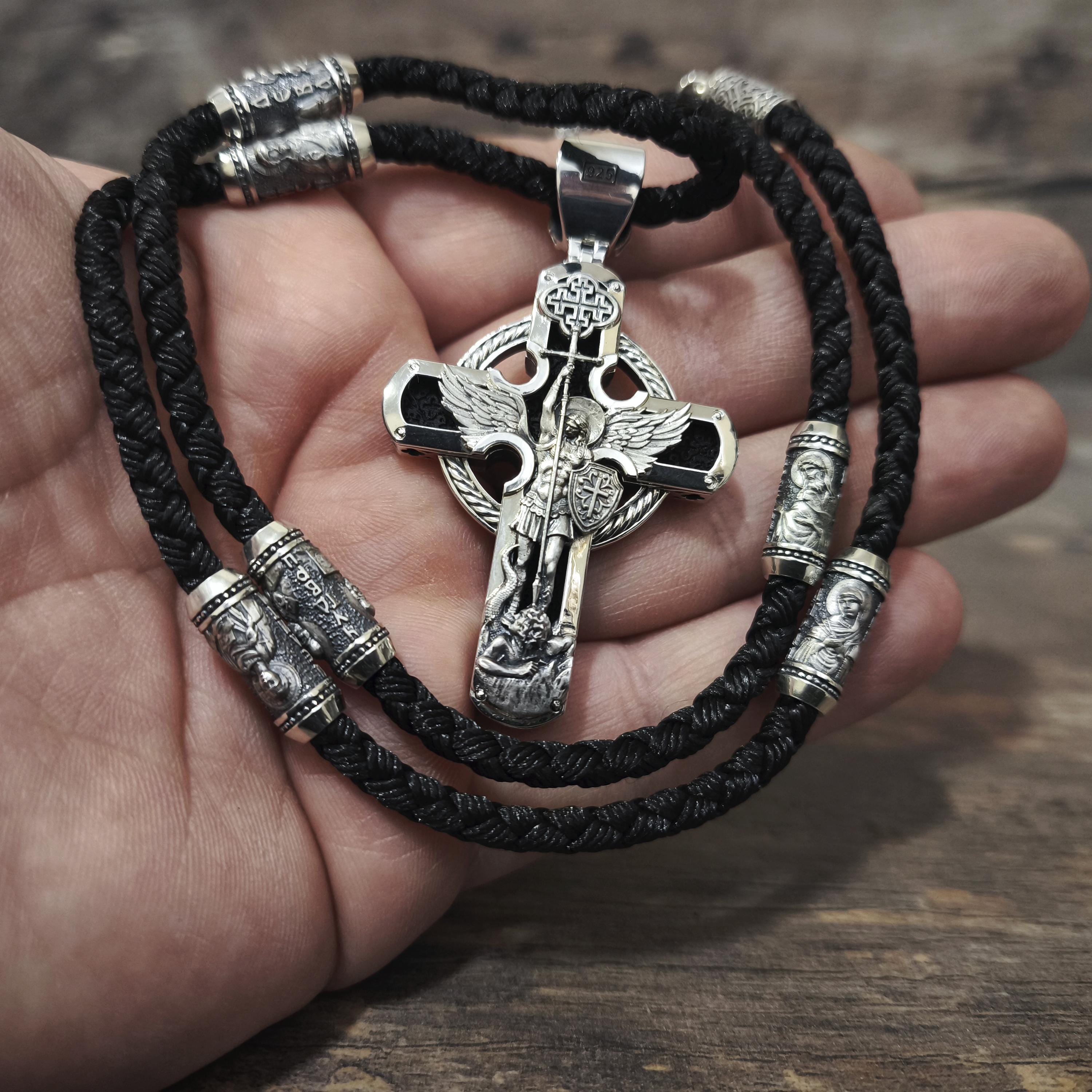 Sterling Silver Orthodox Crucifix Necklace: Jesus Cross Pendant, Ebony Wood