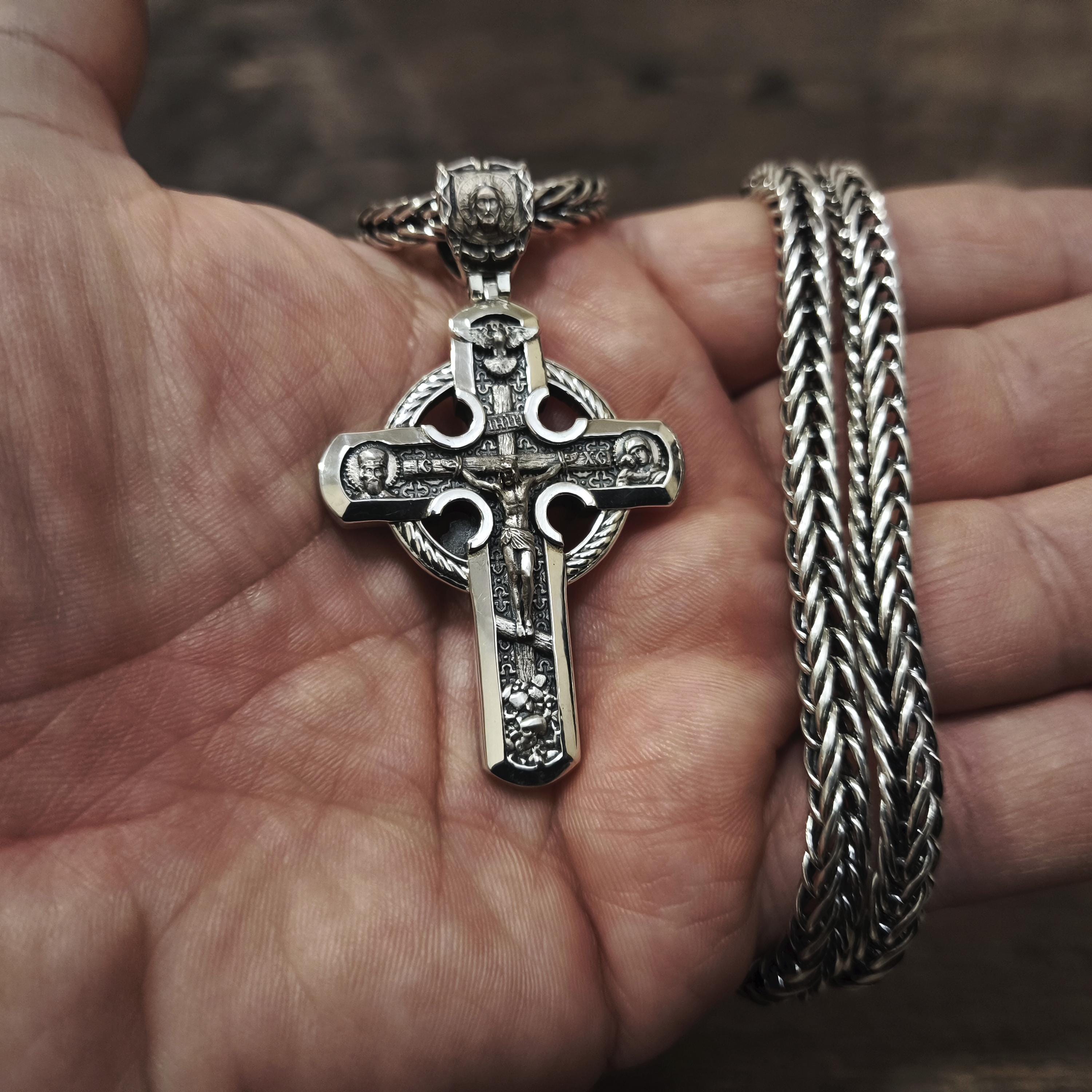 Sterling Silver Orthodox Crucifix Jesus Cross Necklace Archangel Saint Michael - Religious Pendant
