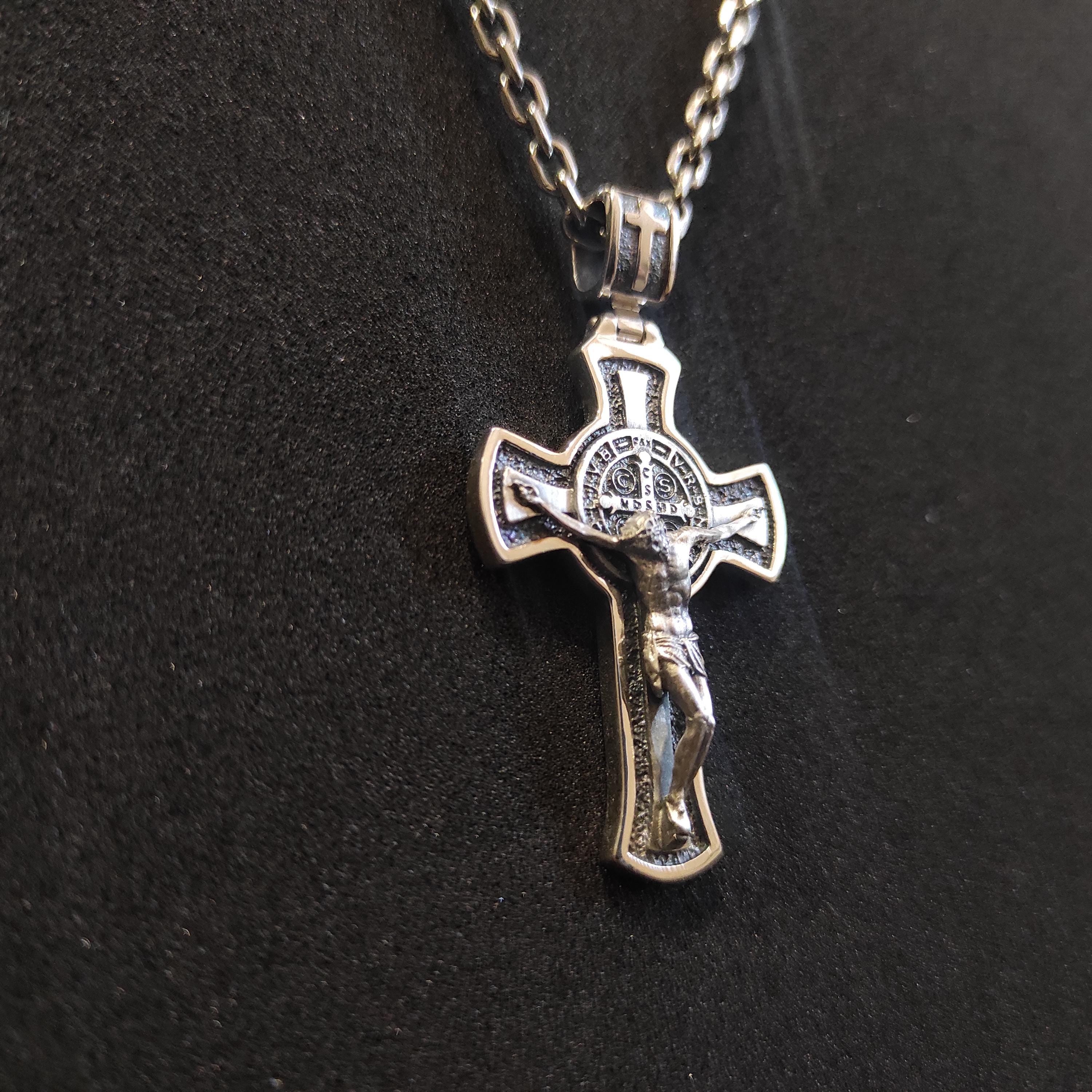 Personalized Saint Benedict Silver Crucifix Necklace: Handmade Exorcism Cross Pendant