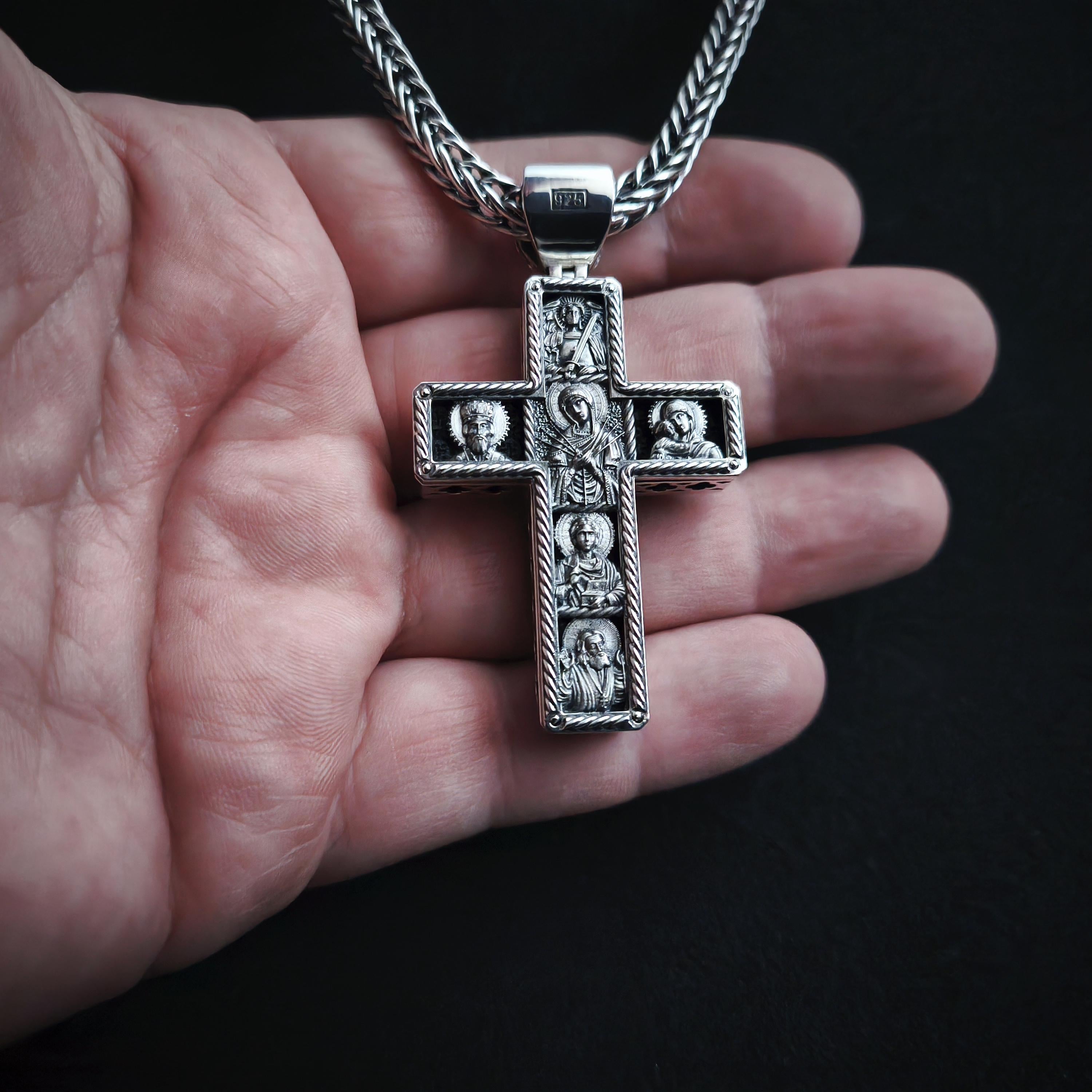 Sterling Silver Orthodox Cross Necklace - Archangel Michael, Ebony Wood