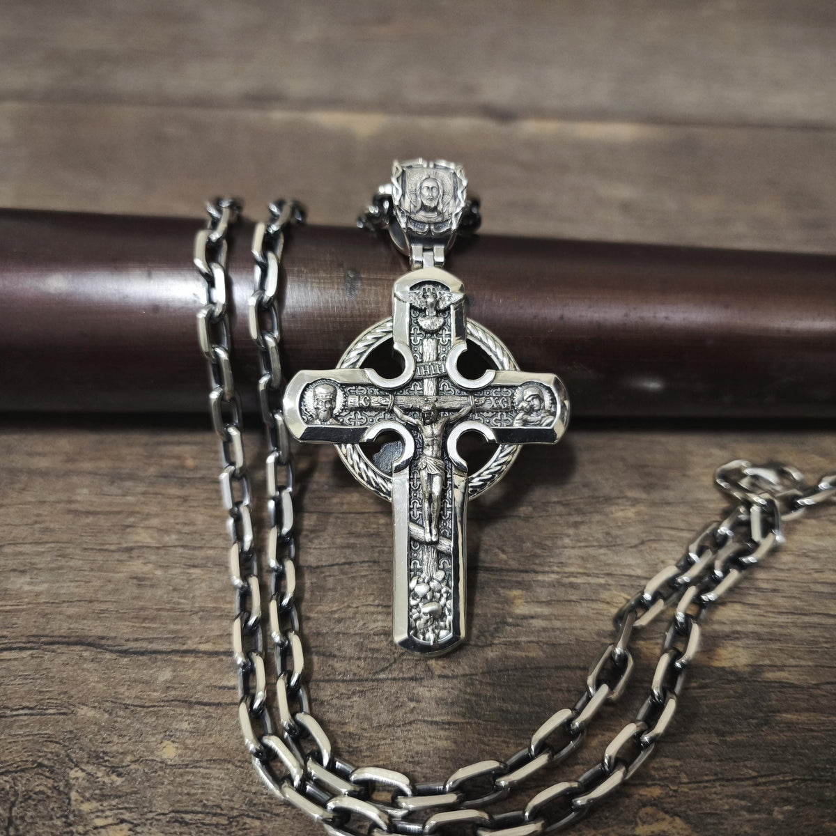 Sterling Silver Orthodox Crucifix Necklace Archangel Saint Michael - Religious Pendant