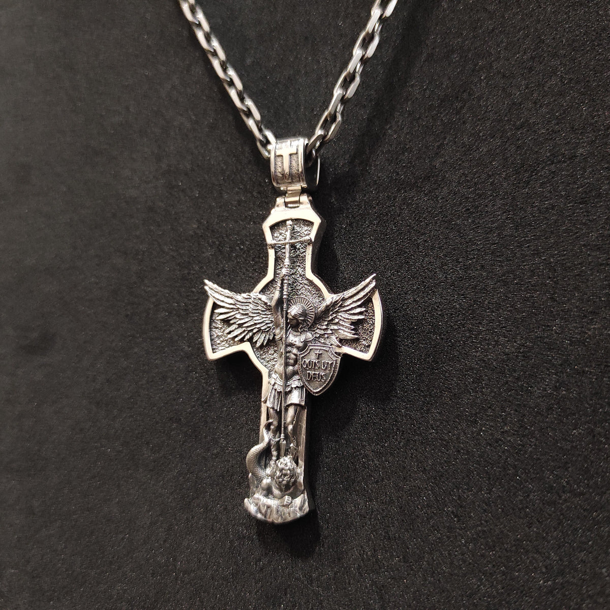 Sterling Silver Archangel Saint Michael Shield Pendant - Religious Necklace
