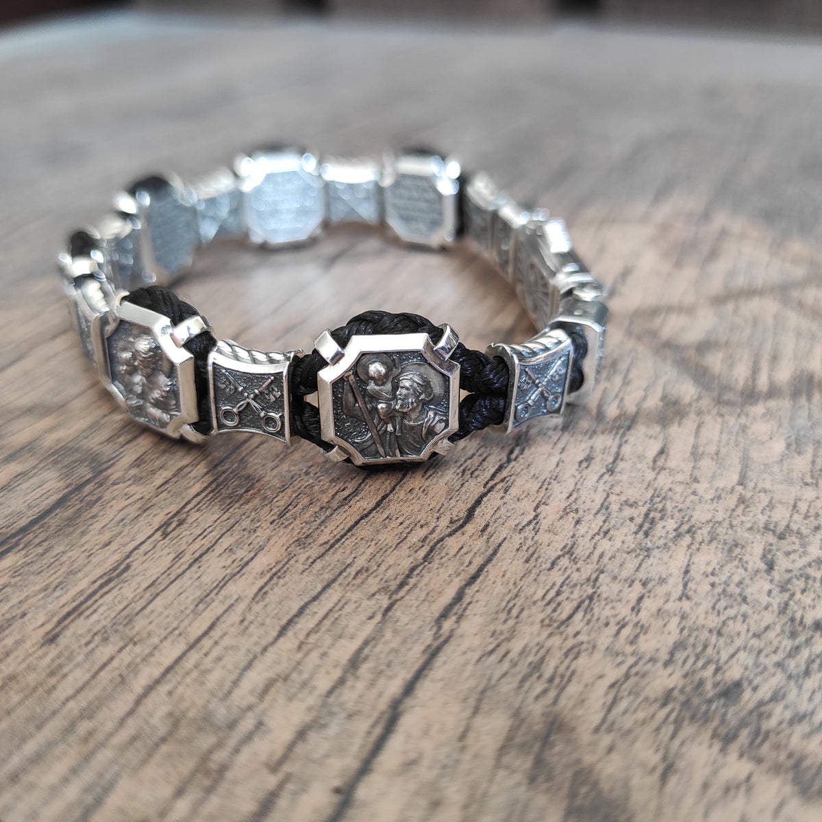 Christian Silver Saints Bracelet: Our Father Prayer, Silk Cord