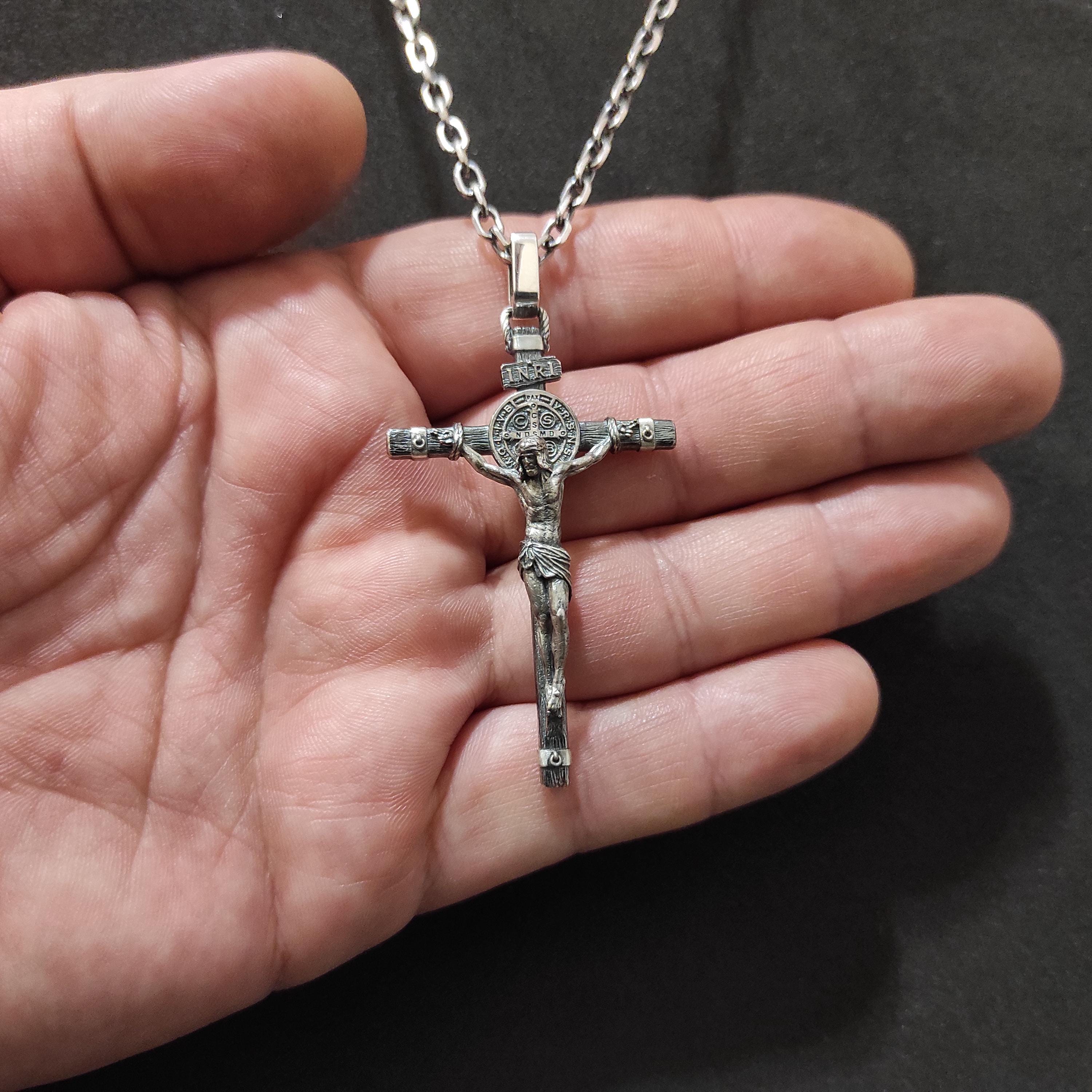 Personalized Saint Benedict Crucifix Necklace: Sterling Silver Exorcism Cross Pendant
