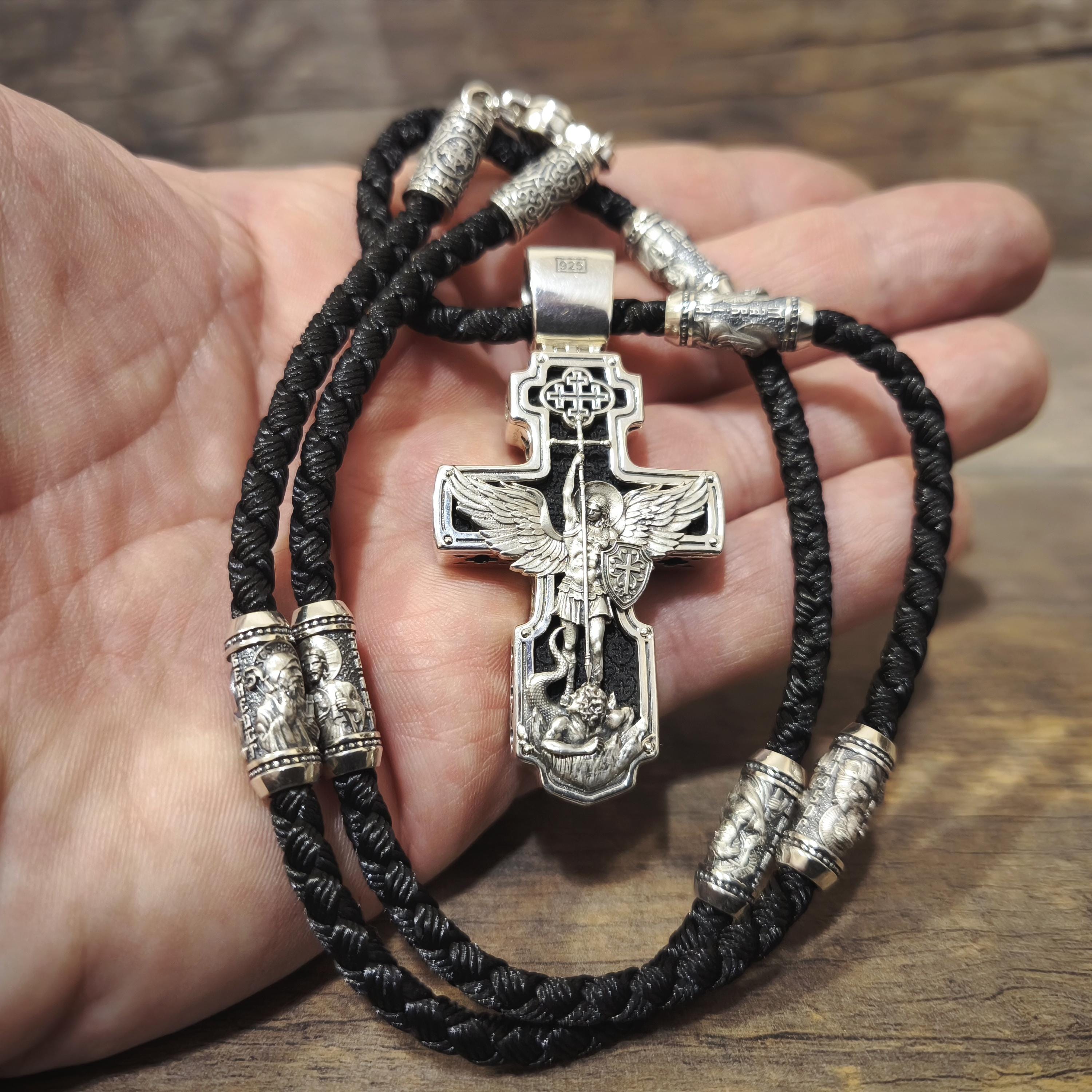 Personalized Jesus Cross Saint Benedict Crucifix Necklace Archangel Saint Michael : Sterling Silver & Ebony Wood