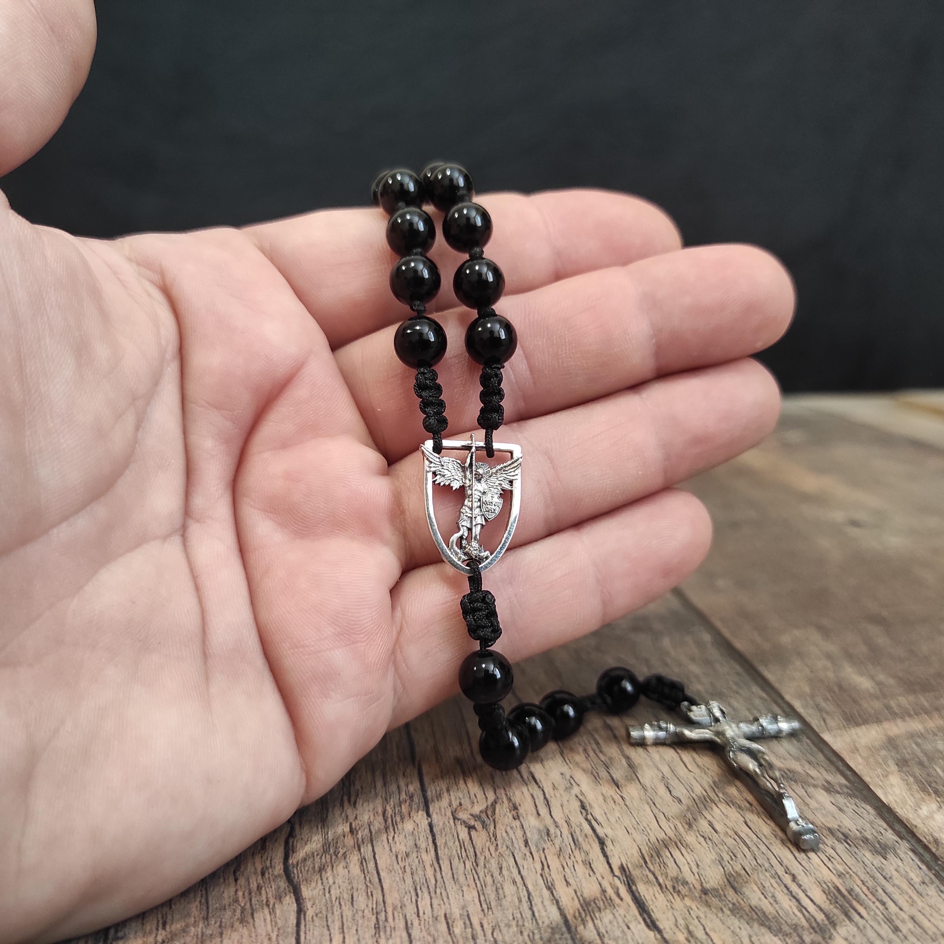 Handmade Sterling Silver St. Michael Rosary with Black Agate Beads