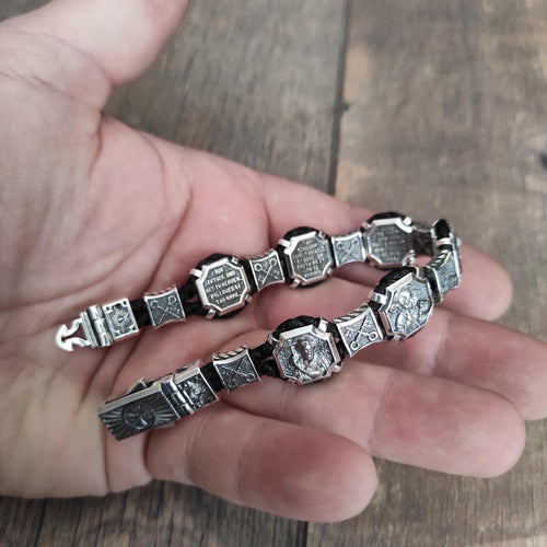 Christian Silver Saints Bracelet: Our Father Prayer, Silk Cord