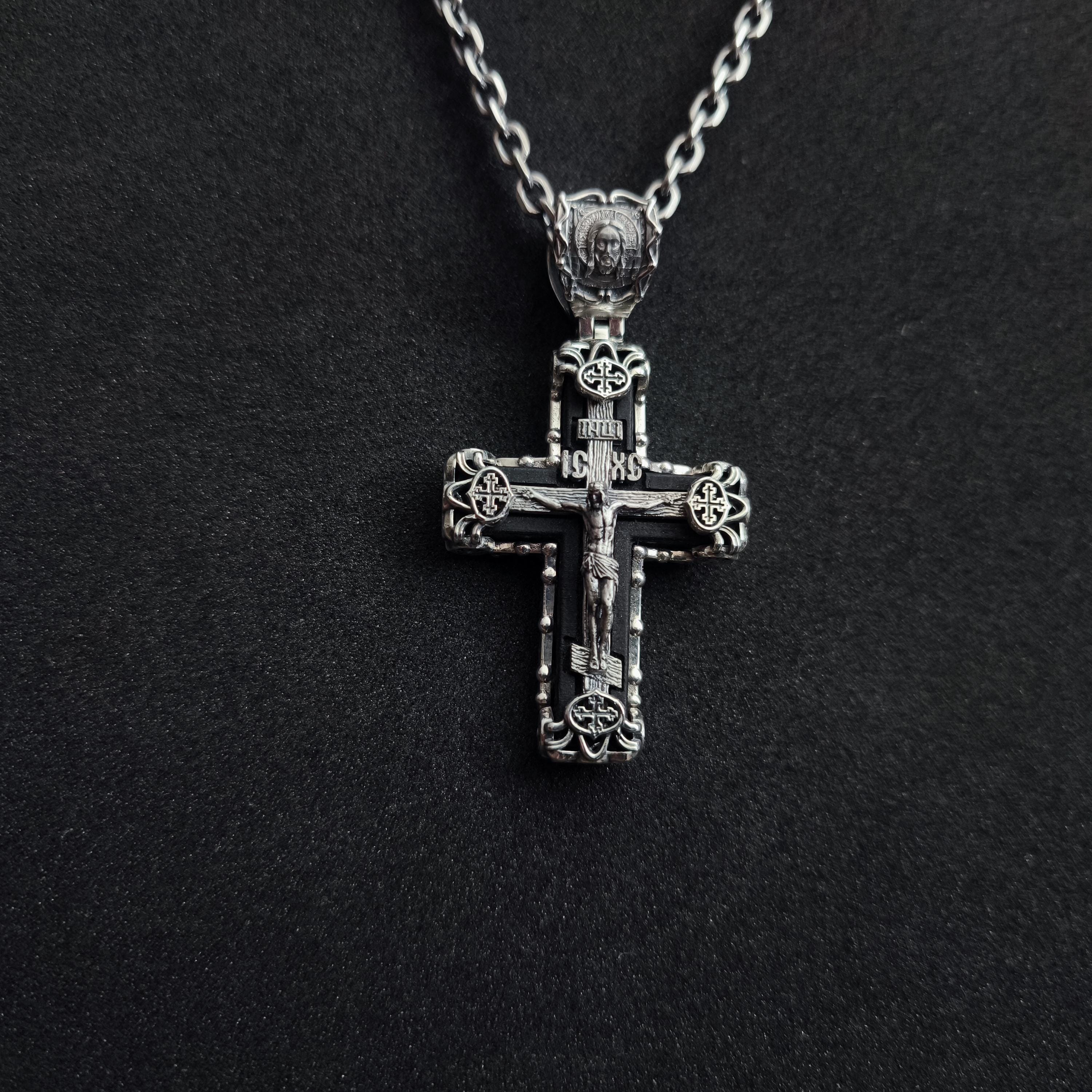 Sterling Silver Orthodox Crucifix Necklace & Ebony Wood - Religious Pendant