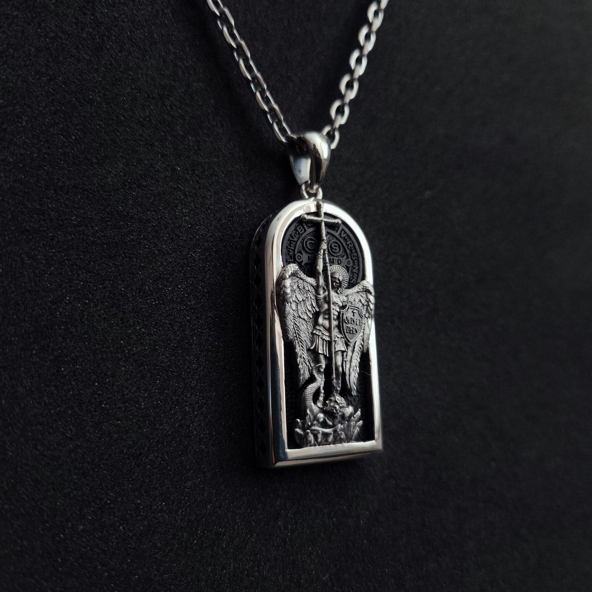 Sterling Silver Archangel Saint Michael Necklace: Handmade St. Benedict Exorcism & Ebony Wood