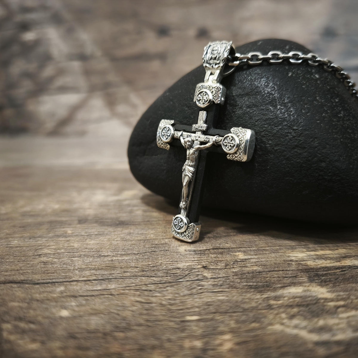 Sterling Silver Orthodox Crucifix Necklace & Ebony Wood - Religious Pendant
