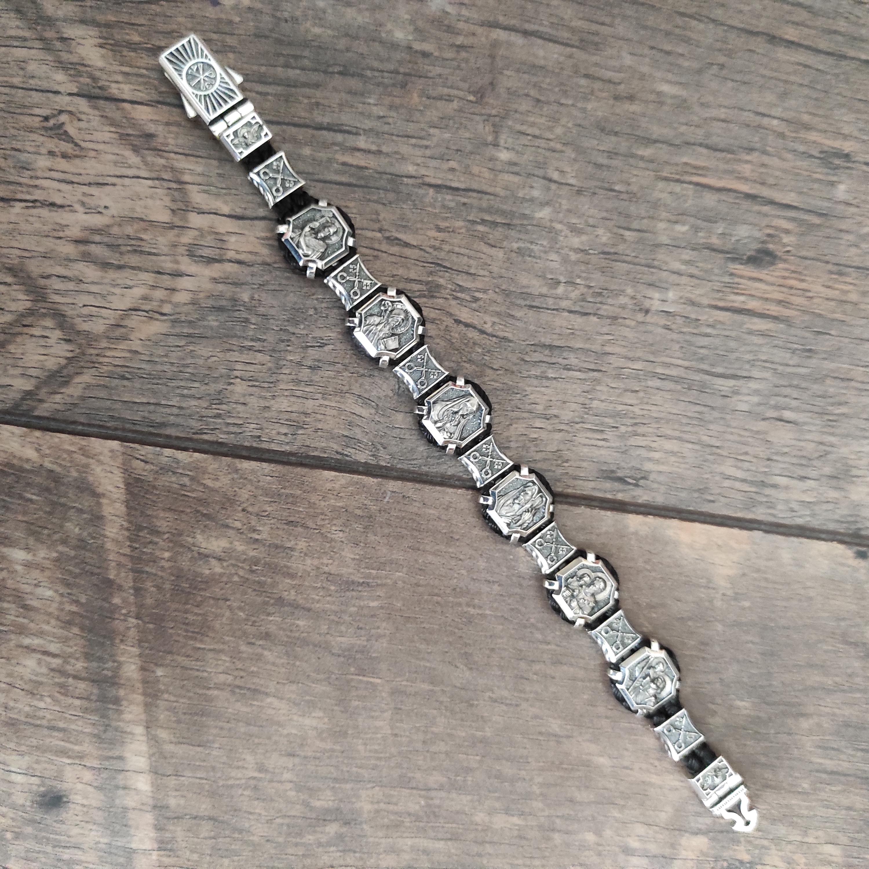 Christian Silver Saints Bracelet: Our Father Prayer, Silk Cord