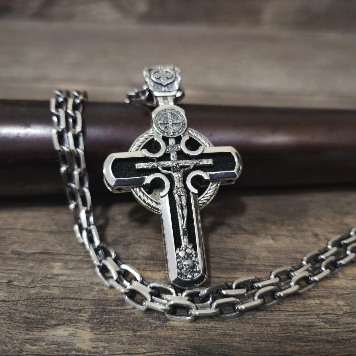 Personalized Saint Benedict Crucifix Necklace Archangel Saint Michael : Sterling Silver & Ebony Wood