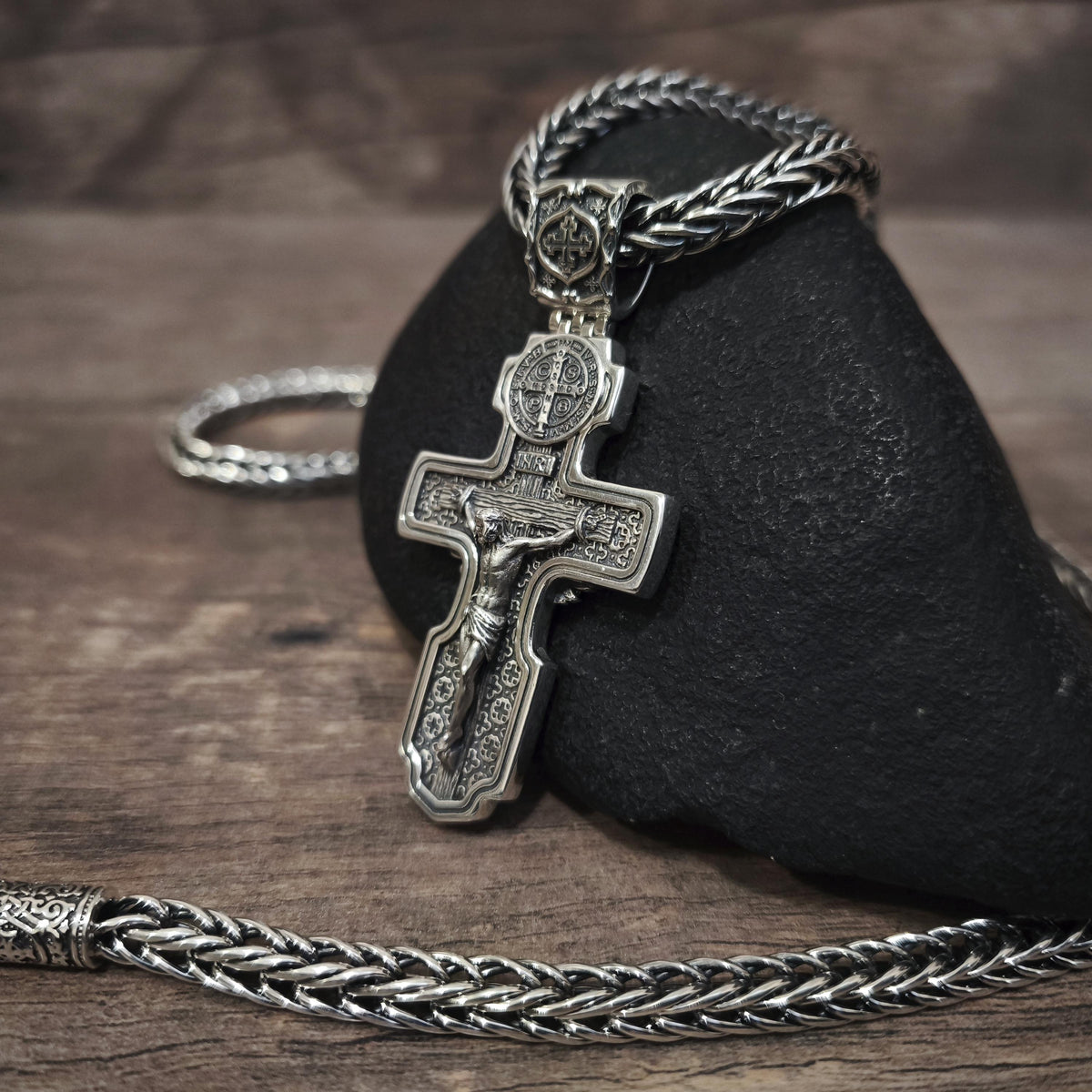 Personalized Saint Benedict Crucifix Necklace Archangel Saint Michael: Sterling Silver