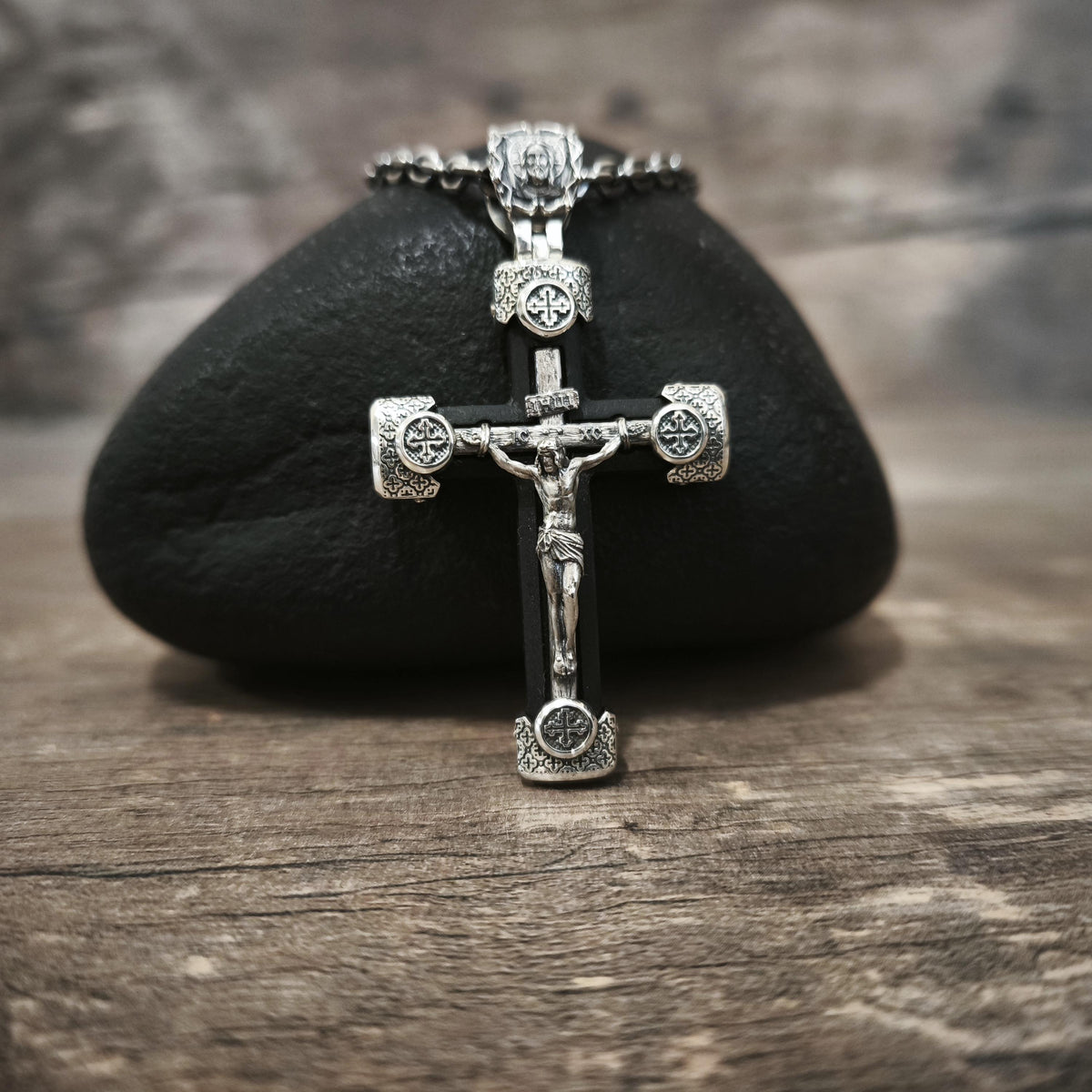 Sterling Silver Orthodox Crucifix Necklace & Ebony Wood - Religious Pendant