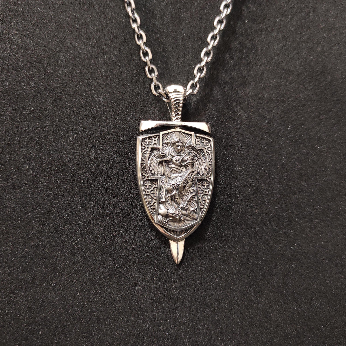Sterling Silver Archangel Michael Shield Pendant Necklace: Religious Gift
