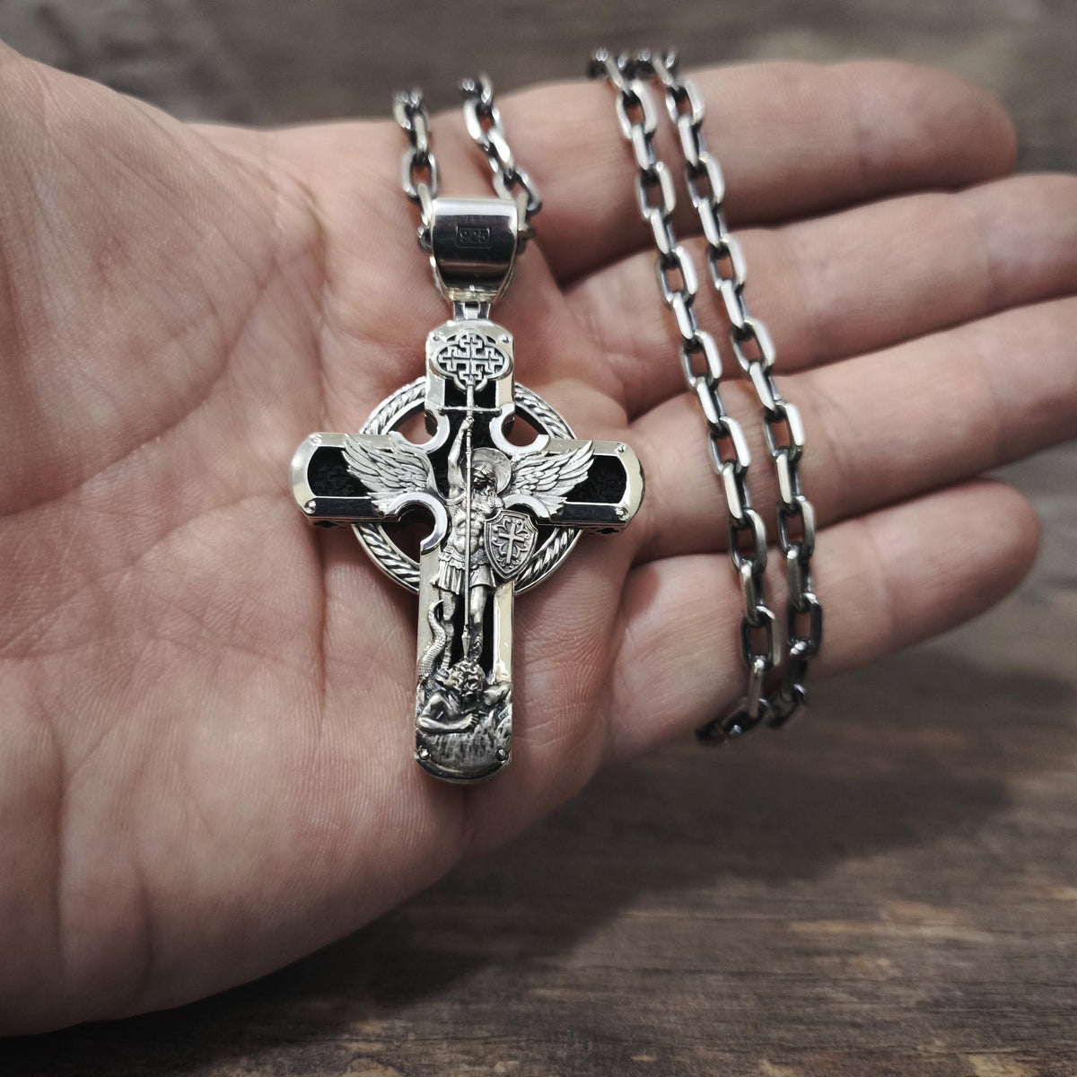 Sterling Silver Orthodox Crucifix Necklace Archangel Saint Michael & Ebony Wood - Religious Pendant