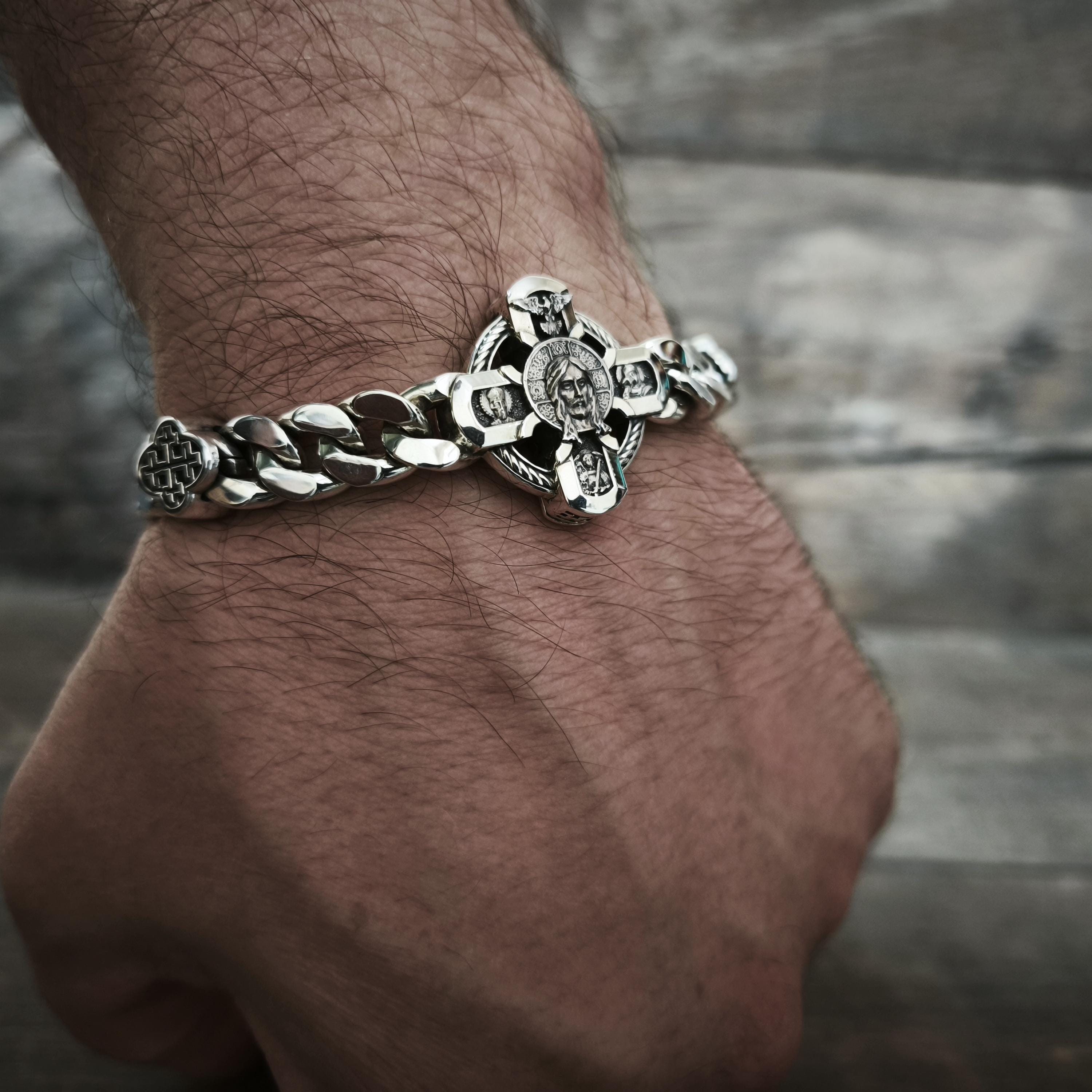 Silver Orthodox Christian Bracelet with Jesus, Archangel Michael, Nicholas the Wonderworker, the Virgin Mary