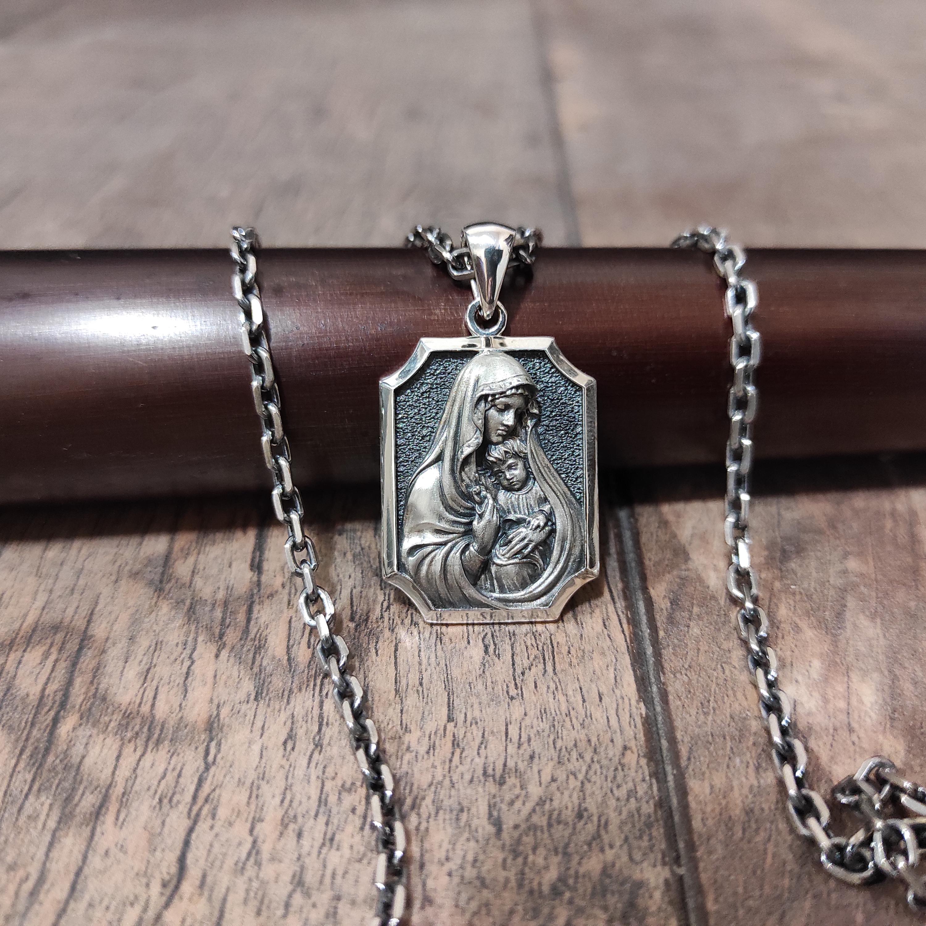 Sterling Silver Miraculous Medal Necklace: Virgin Mary & Baby Jesus