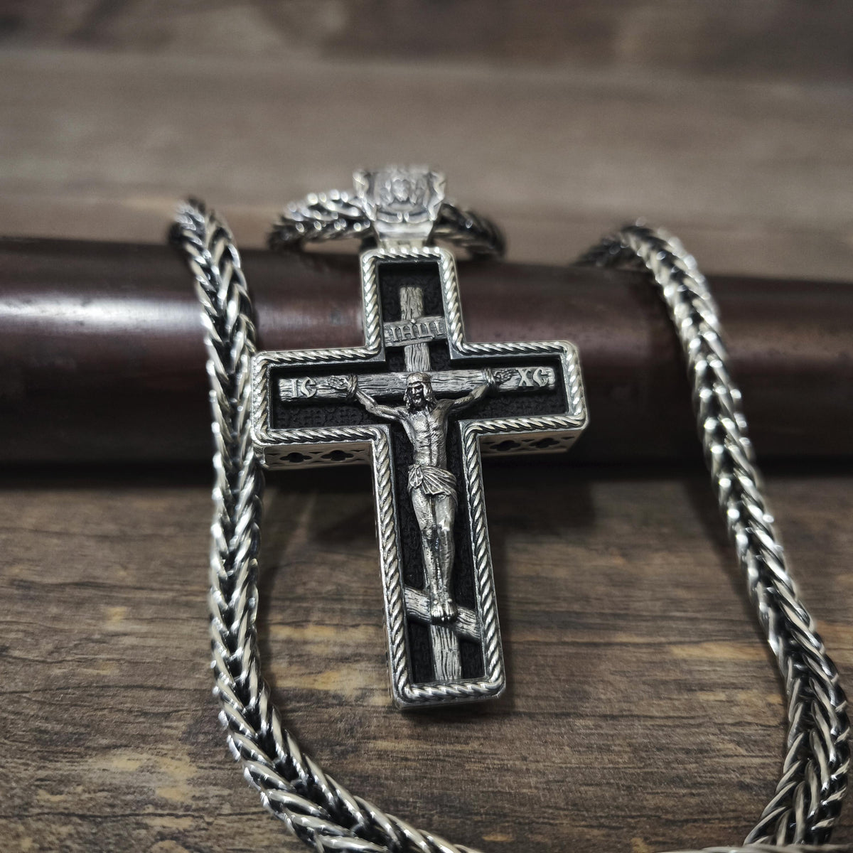 Sterling Silver Orthodox Cross Necklace - Archangel Michael, Ebony Wood