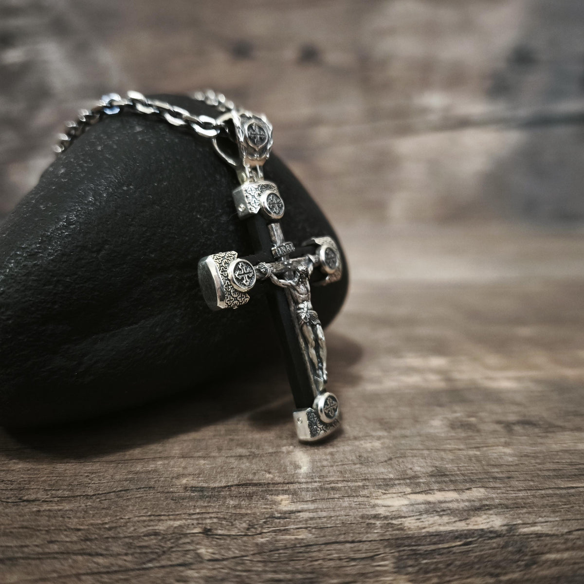 Personalized Jesus Cross Saint Benedict Crucifix Necklace Archangel Saint Michael : Sterling Silver & Ebony Wood