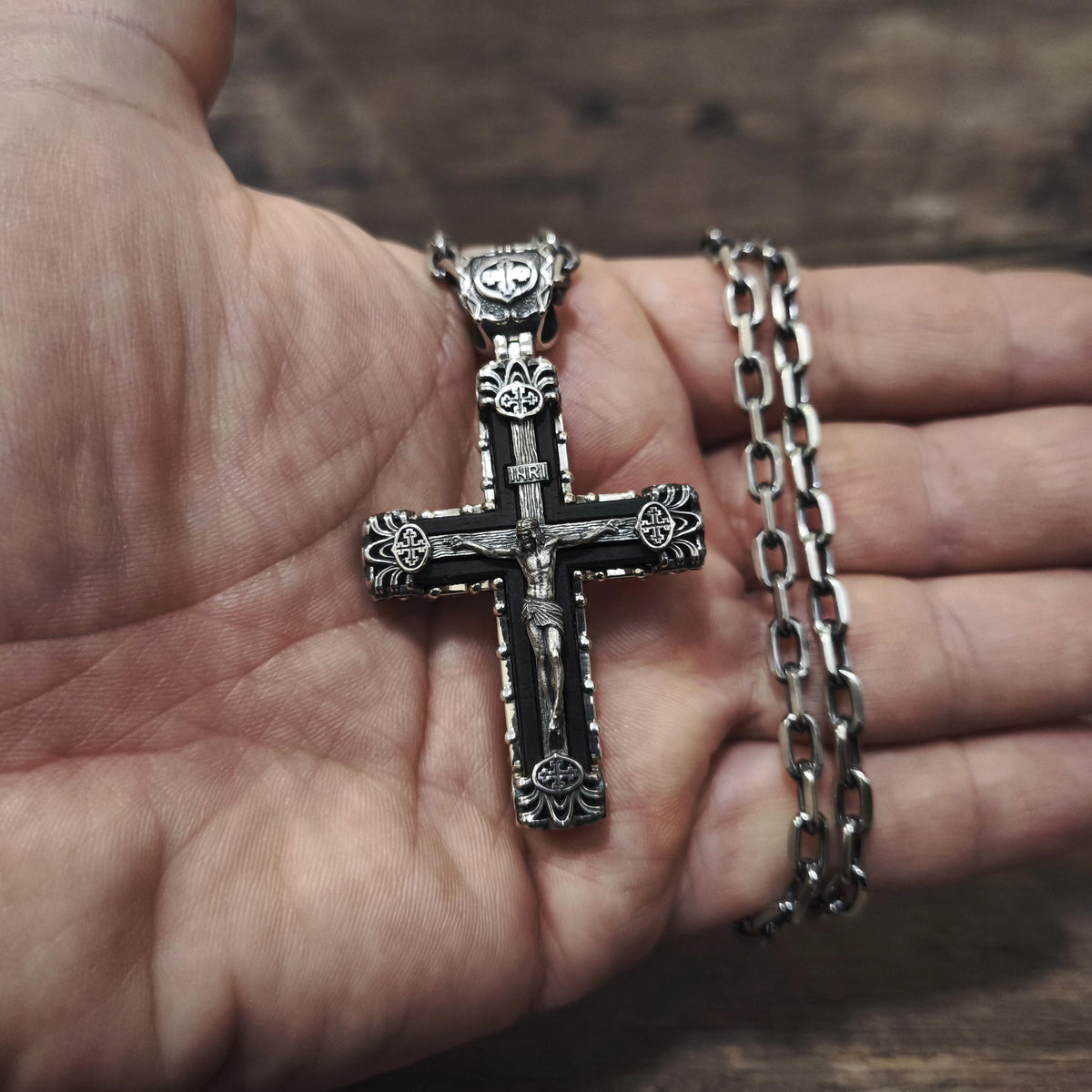 Sterling Silver Crucifix Archangel Michael Necklace & Ebony Wood - Religious Pendant