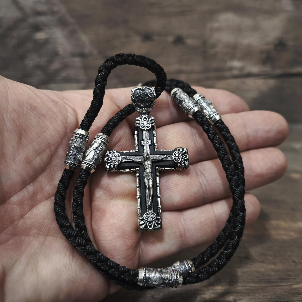 Sterling Silver Crucifix Archangel Michael Necklace & Ebony Wood - Religious Pendant