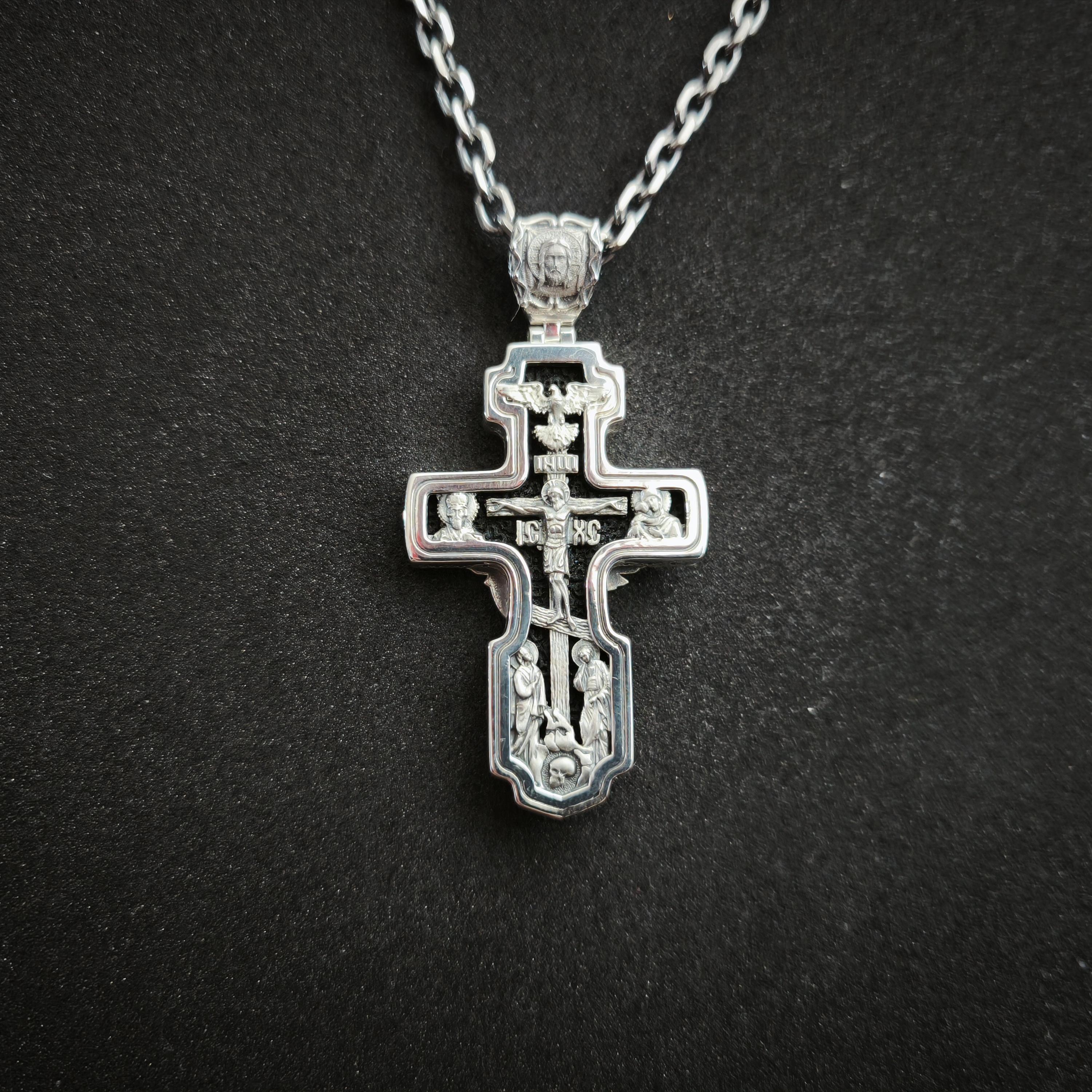 Sterling Silver Orthodox Crucifix Necklace Archangel Saint Michael & Ebony Wood - Religious Pendant