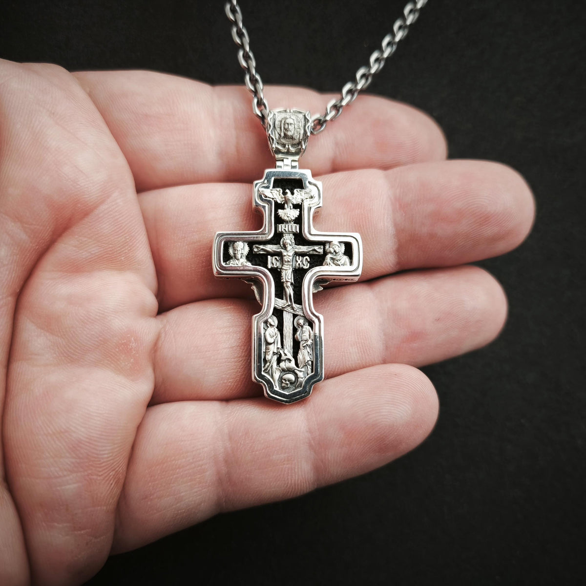 Sterling Silver Orthodox Crucifix Necklace Archangel Saint Michael & Ebony Wood - Religious Pendant