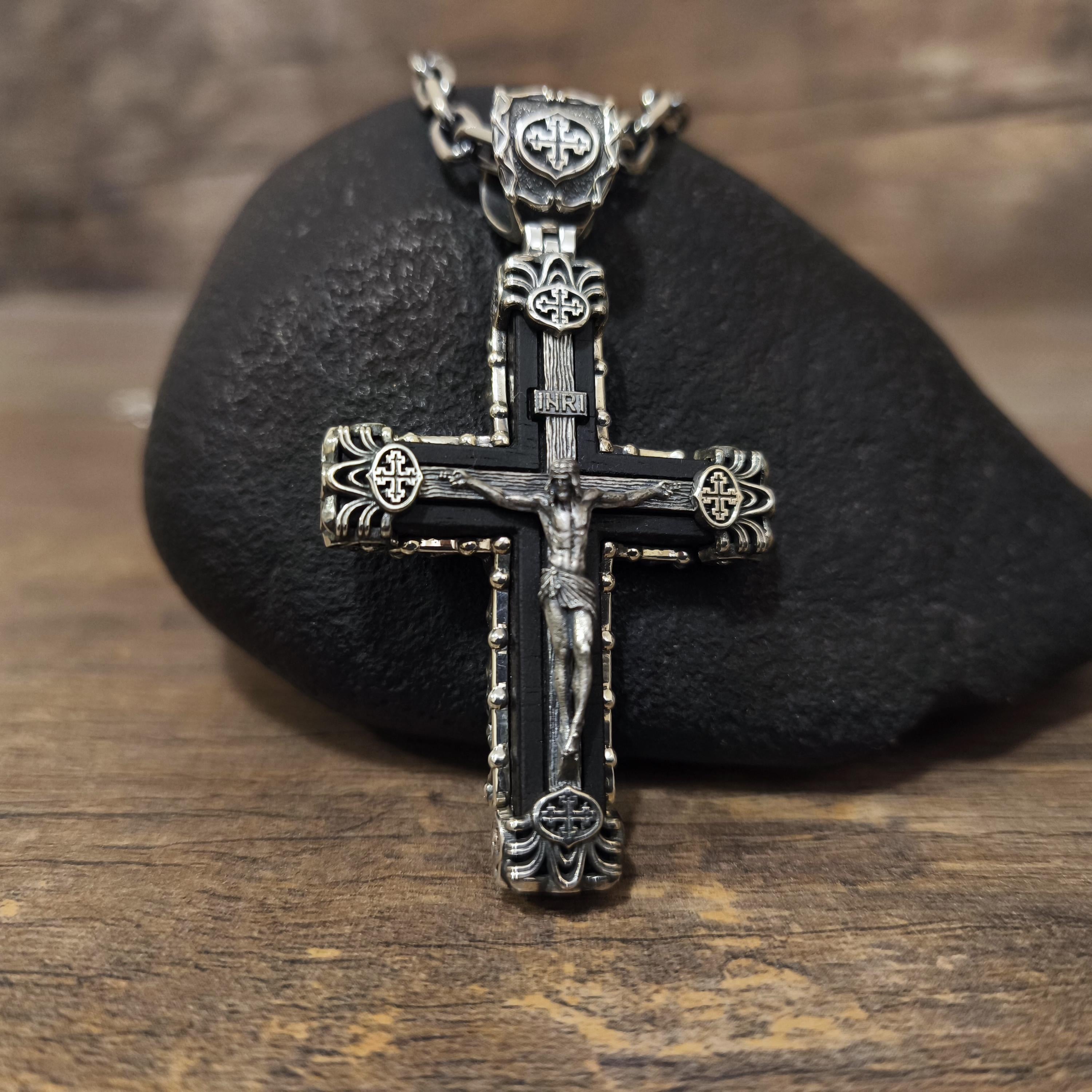 Sterling Silver Crucifix Archangel Michael Necklace & Ebony Wood - Religious Pendant