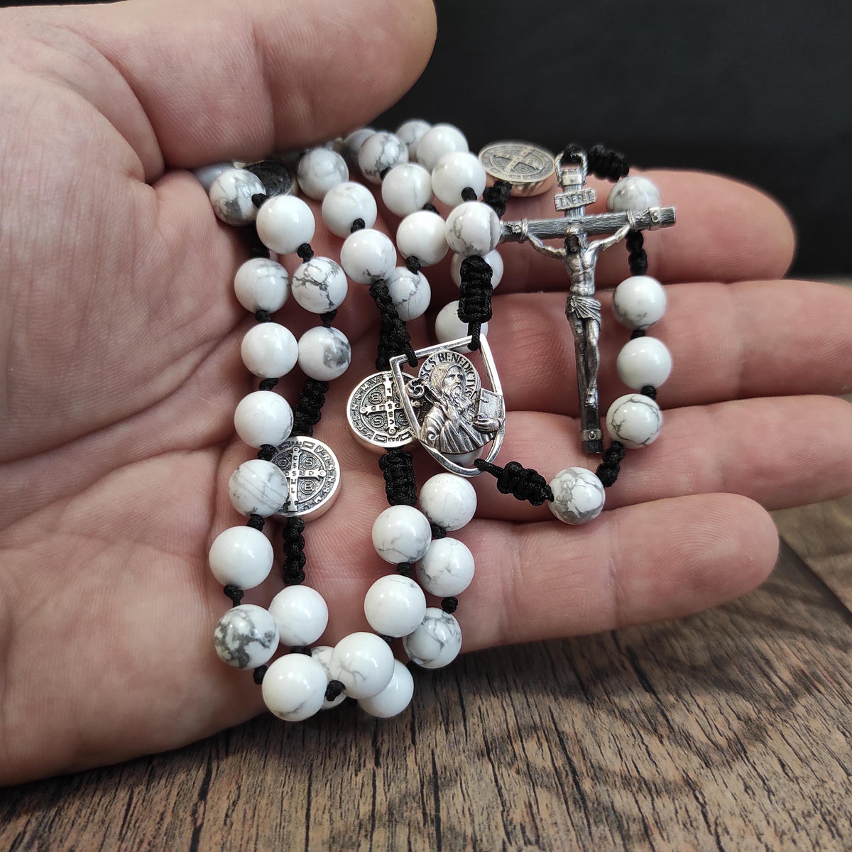 Sterling Silver Saint Benedict Rosary: White Howlite Beads, Catholic Exorcism Pendant