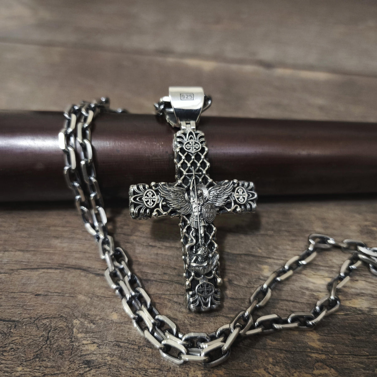 Sterling Silver Crucifix Archangel Michael Necklace & Ebony Wood - Religious Pendant