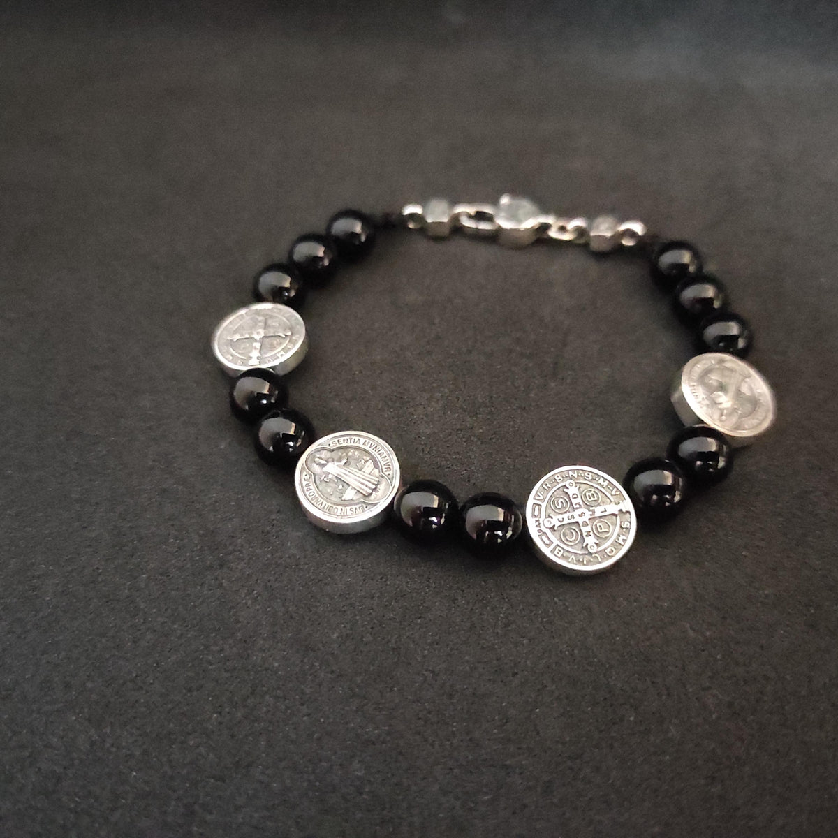 Handmade Saint Benedict Silver Bracelet: Agate Stone, Religious Gift